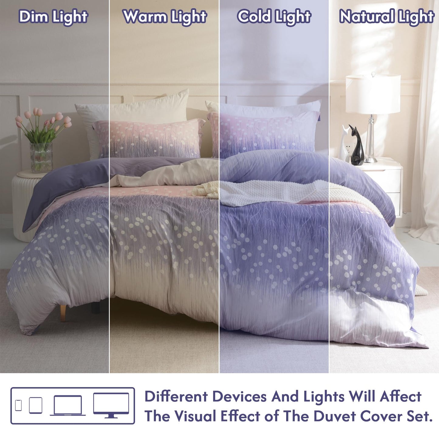 LONAVA Queen Patchwork 3 Pcs Duvet Cover Set, Breathable Soft Microfiber Purple Lining Comforter Cover with Zipper Closure, and 2 Anti-Pilling, Fade Resistant Pillowcases, Purple Blossom