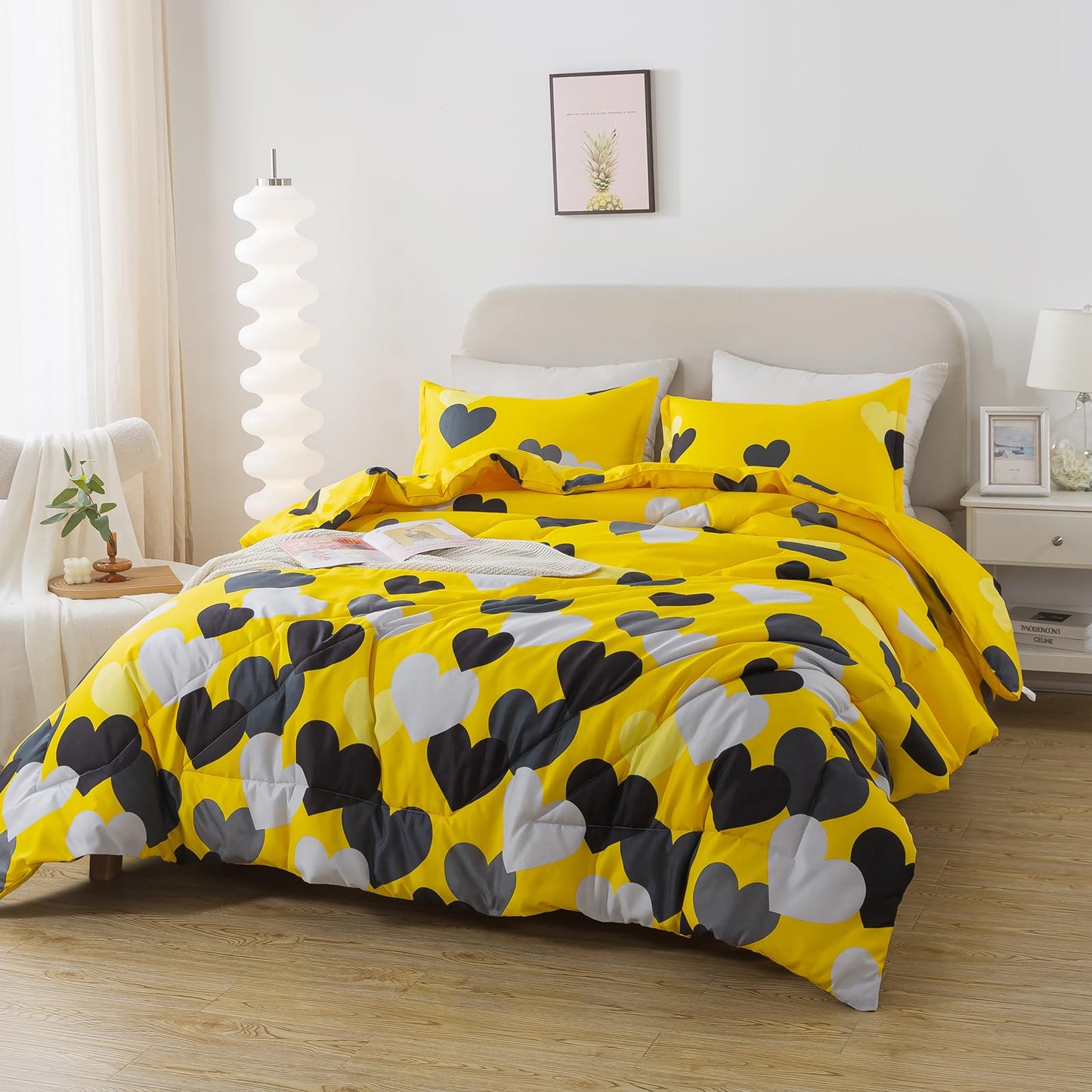 Caressma Twin Size Comforter Set for Boys Farmhouse Yellow Bedding Set with Black Heart All Season Fluffy Soft Lightweight(1 Comforter & 1 Pillowshams)