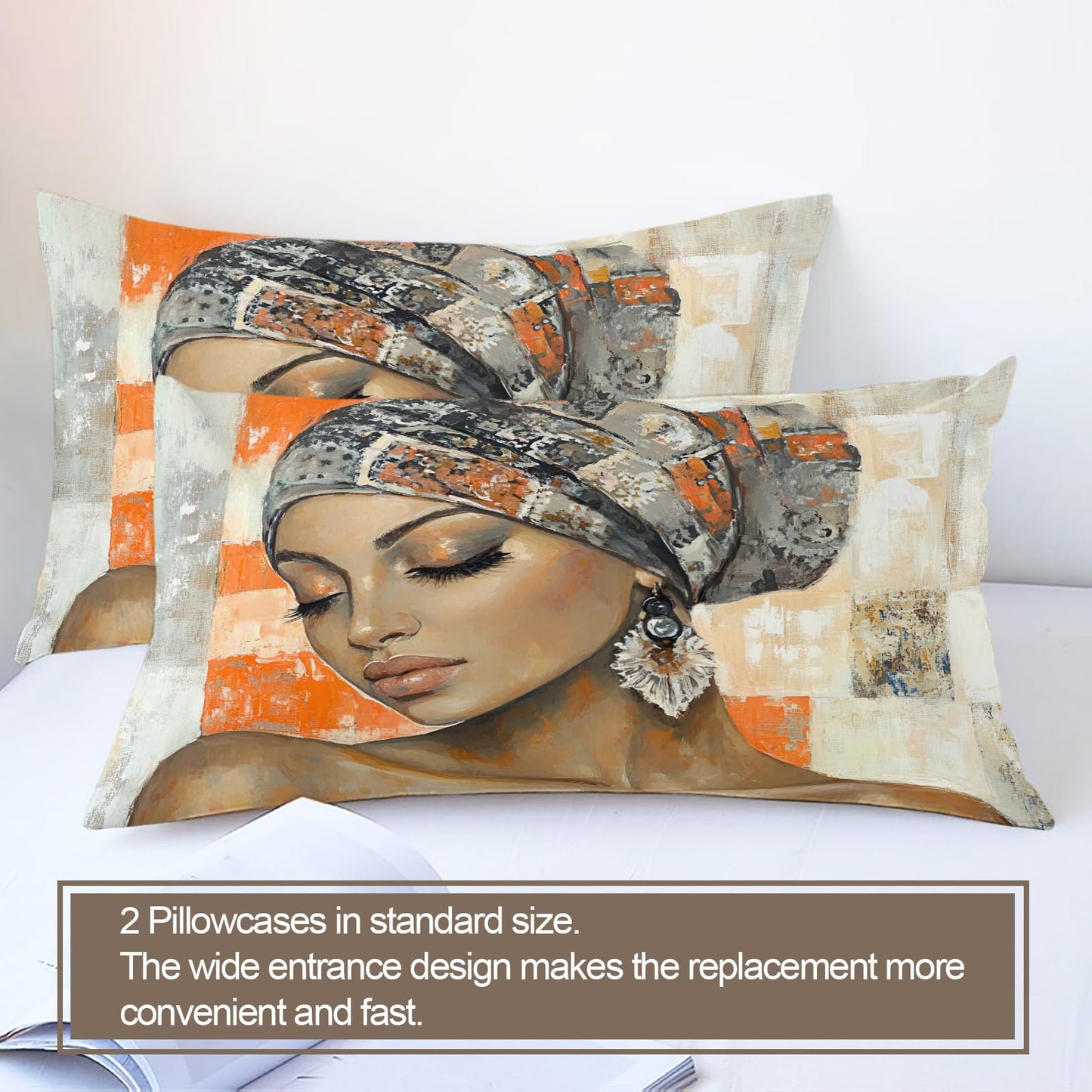 PAISUOQ African Woman Bedding, Black Girl Comforters Queen Size, Orange Grunge Style Duvet Cover with 2 Pillowcases, 3 Pieces with Zipper & Ties, Home Decor & Gifts
