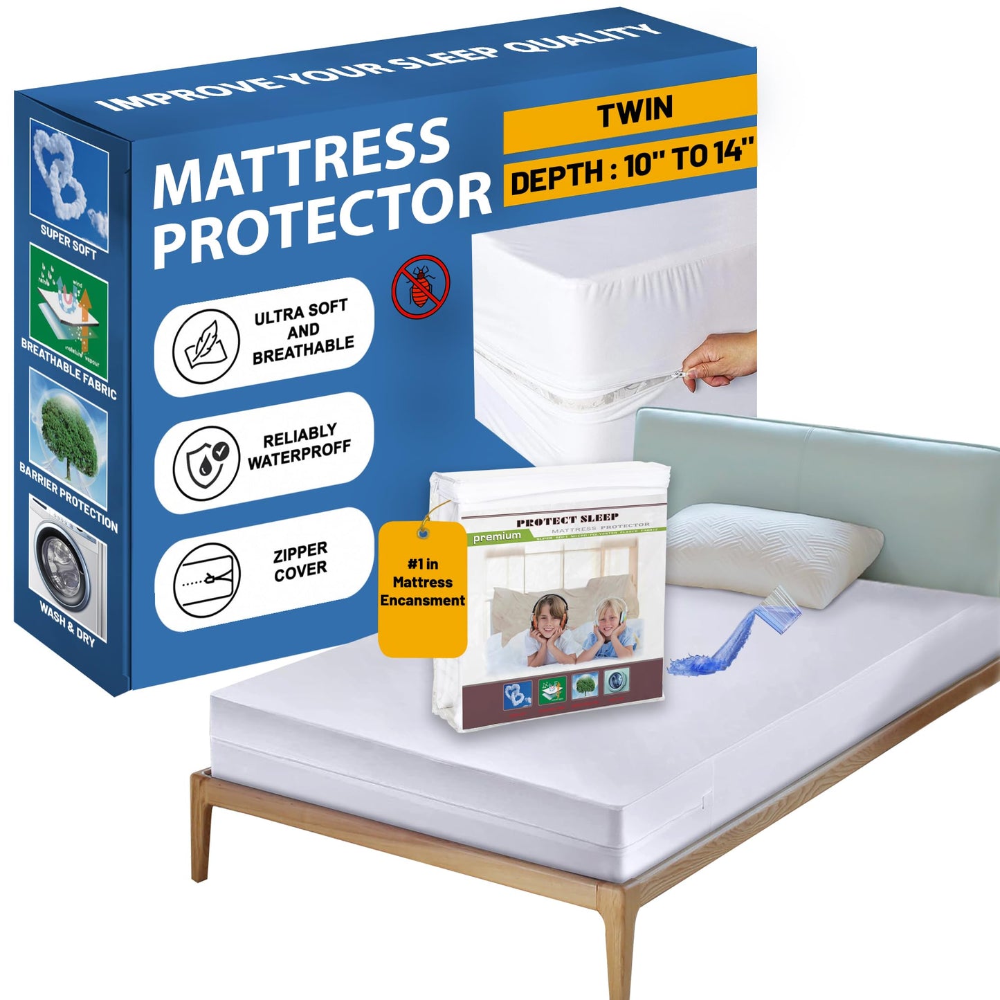 Greaton, 10 to 14 Inch Ultra Soft-Premium Zippered Mattress Protector Cover, Water Resistant, Breathable and noiseless, Twin, White