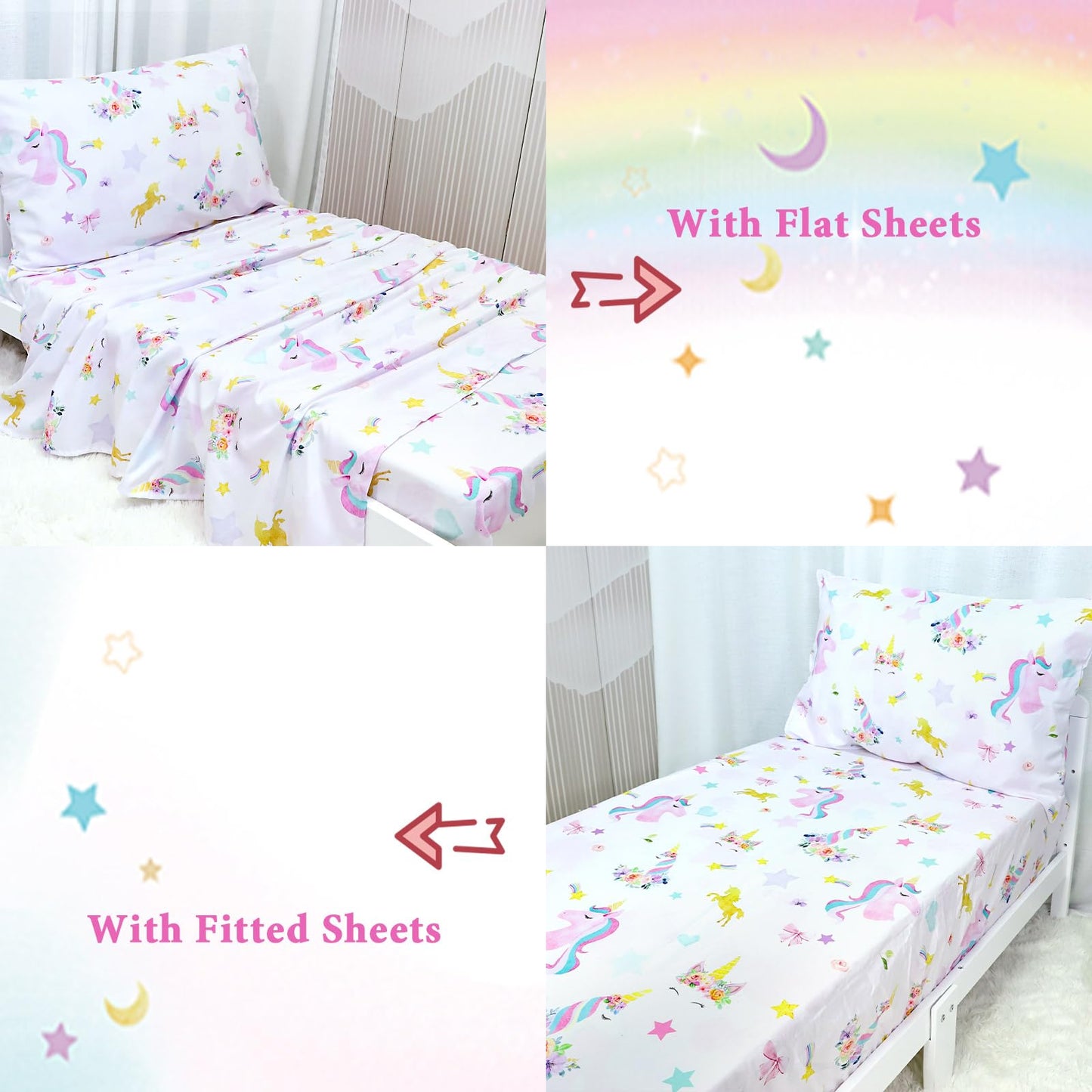 Toddler Bedding Sets for Girls, Unicorn Toddler Crib Bedding Set 4 Piece Pink Floral Toddler Comforter Set Includes Flat Top Sheet, Fitted Sheet, Comforter, Envelope Pillowcase, Soft & Comfort