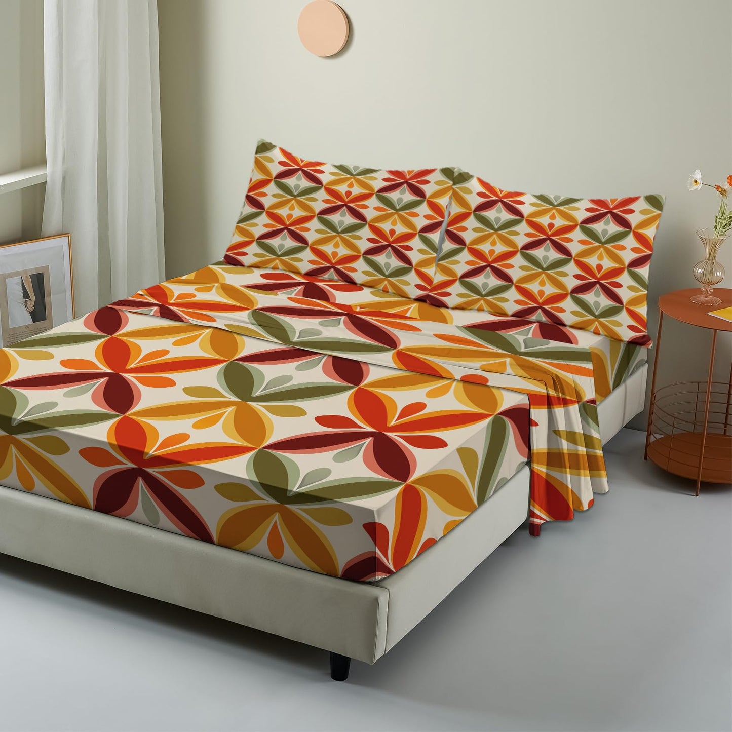 NOGAWA Retro Geometric Sheets Full Size, 70s Bed Sheets, Colorful Bedding Sheets, Pillowcases 4 Piece Set, Microfiber Deep Pocket Fitted Sheet, Flat Sheet, 2 Pillow Cases