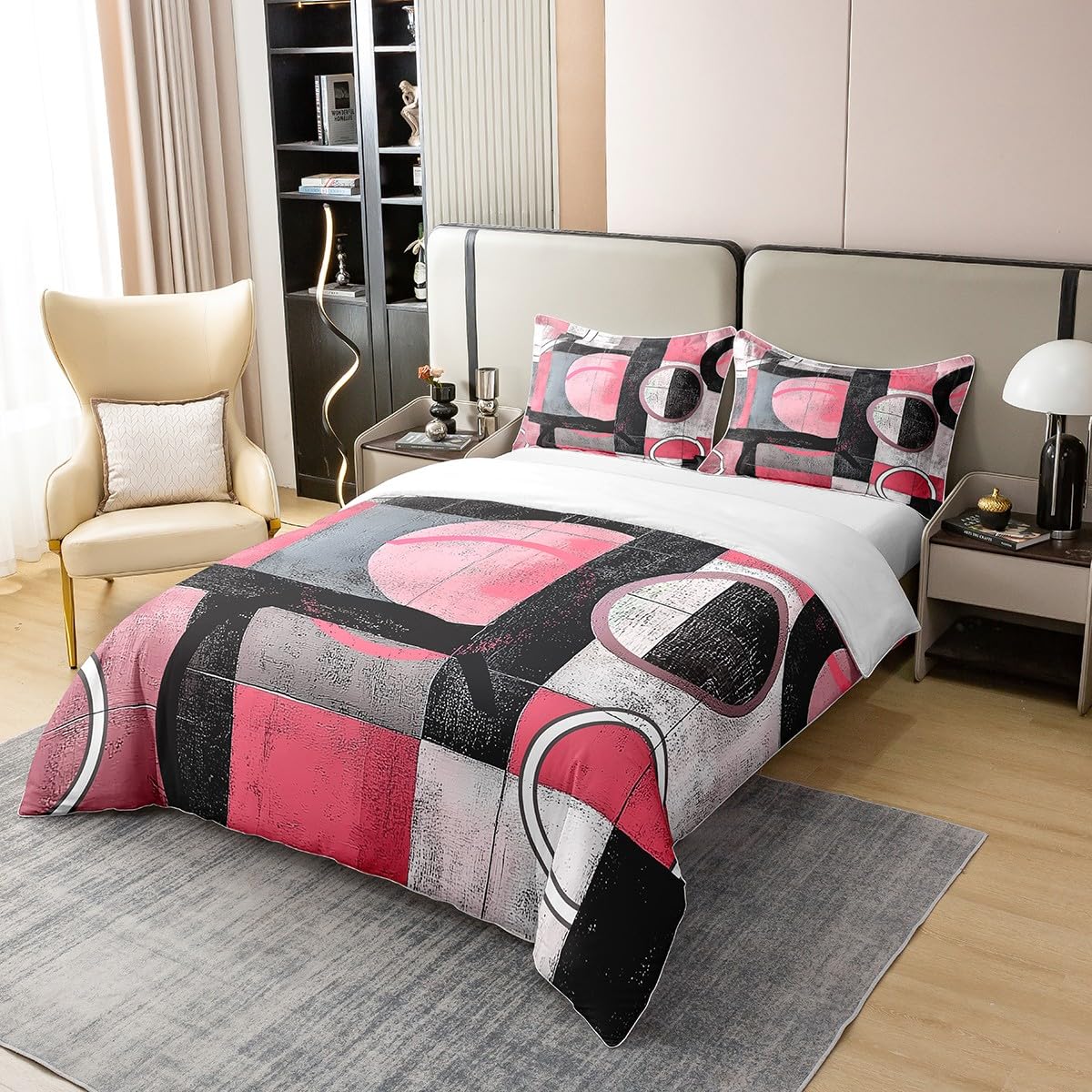 jejeloiu Pink Coal Black Circle Duvet Cover 100% Cotton King Size Kids Abstract Geometric Comforter Cover for Boys Girls Teens Stripe Line Bedding Set Breathable Soft Room Decor