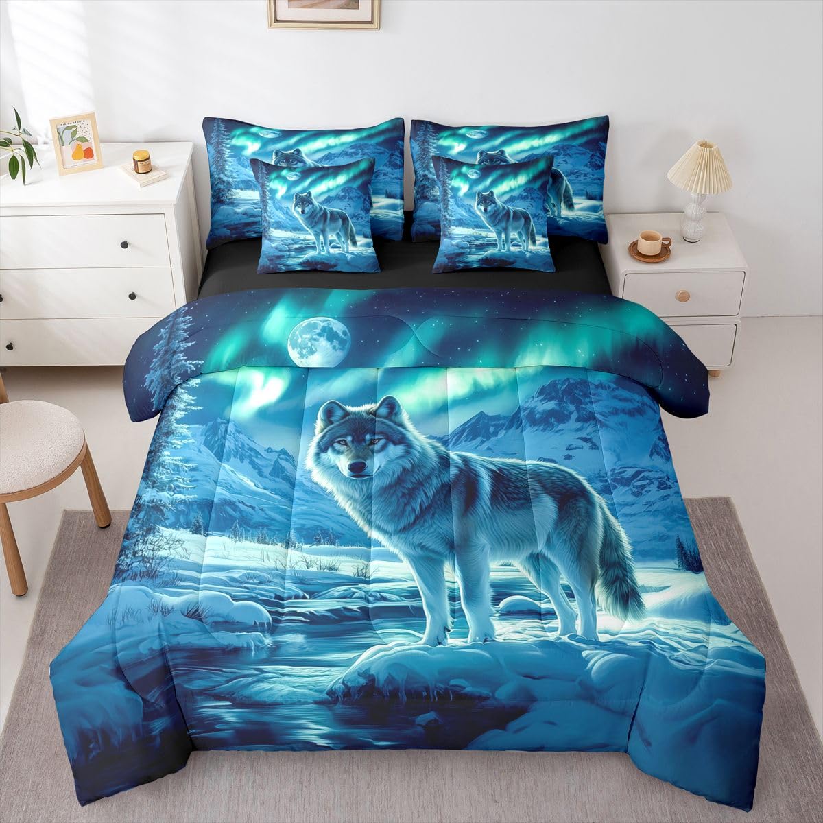 Feelyou Wolf Comforter Set with Sheets 7 Piece Queen Size Wolves Howling Bed in a Bag Kids Boys Girls Western Farmhouse Bedding Set Wild Animal Bedroom Decor Breathable Soft Microfiber