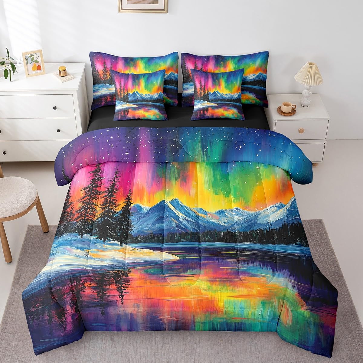 jejeloiu Mountain Lake Comforter Set with Sheets Twin Size Kids Aurora 7 Pieces Bedding Set for Boys Girls Teens Nature Landscape Bed in a Bag Breathable Galaxy Starry Night Sky Bed Set Room Decor