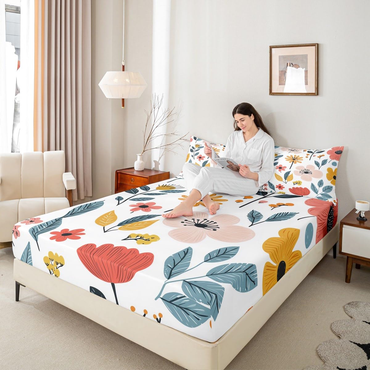Erosebridal Full Floral Flat Fitted Sheet Rustic Flower Bedding Sets Pastoral Style Bed Sheets Set Green Leaves Branches Bedding Sets for Kids Adult Men Women, Colorful with 2 Pillow Cases