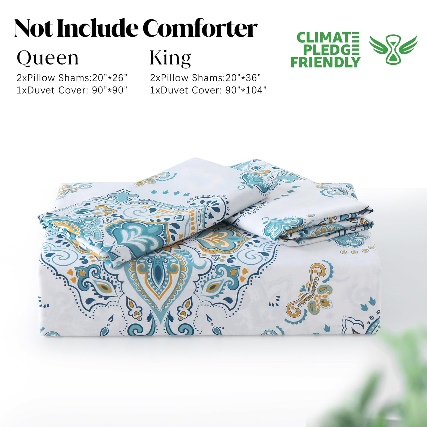 CozyDH Cotton Duvet Cover King Size - 100% Cotton 400TC Blue White Damask Paisley Floral Pattern Duvet Cover Set, Ultra Soft Lightweight Farmhouse Bedding Set 3pcs (King, 104x90, No Comforter)