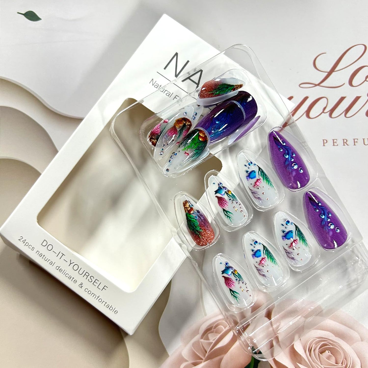 Press on Nails Almond Long Length Coral Water Grass and Cute Fish Pattern Design Almond Tip False Nail Purple Ocean Artificial Fingernails Full Cover Glossy Stick on Nail for Women Manicure