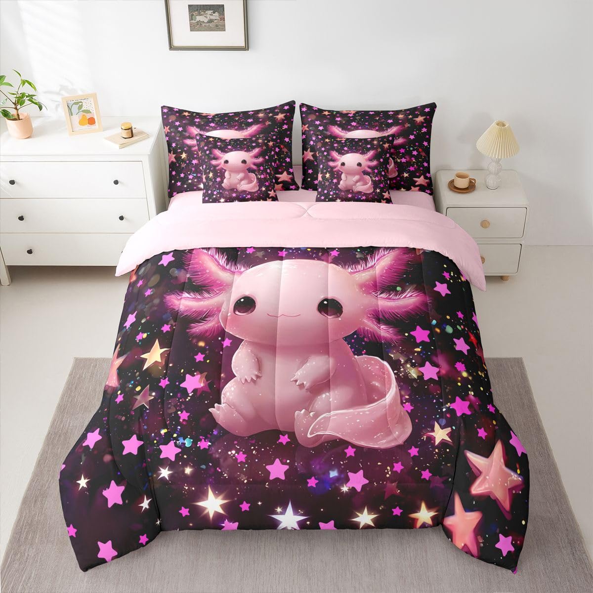 Erosebridal Kids Pink Axolotl Twin Size Bedding Set Girls Pink and Black Starry Sky 7 Pieces Comforter Set with Sheets Teens Cute Axolotl Bed in a Bag Girly Stars Reptile Animal Bed Sets