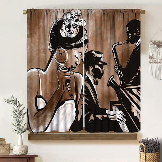 Vintage Art African American Curtains, Mid Century Jazz Band Black Woman Singer Performer Pastel, Thermal Insulation Blackout Window Treatments Rod Pocket for Living Room Bedroom Bathroom 42x45in