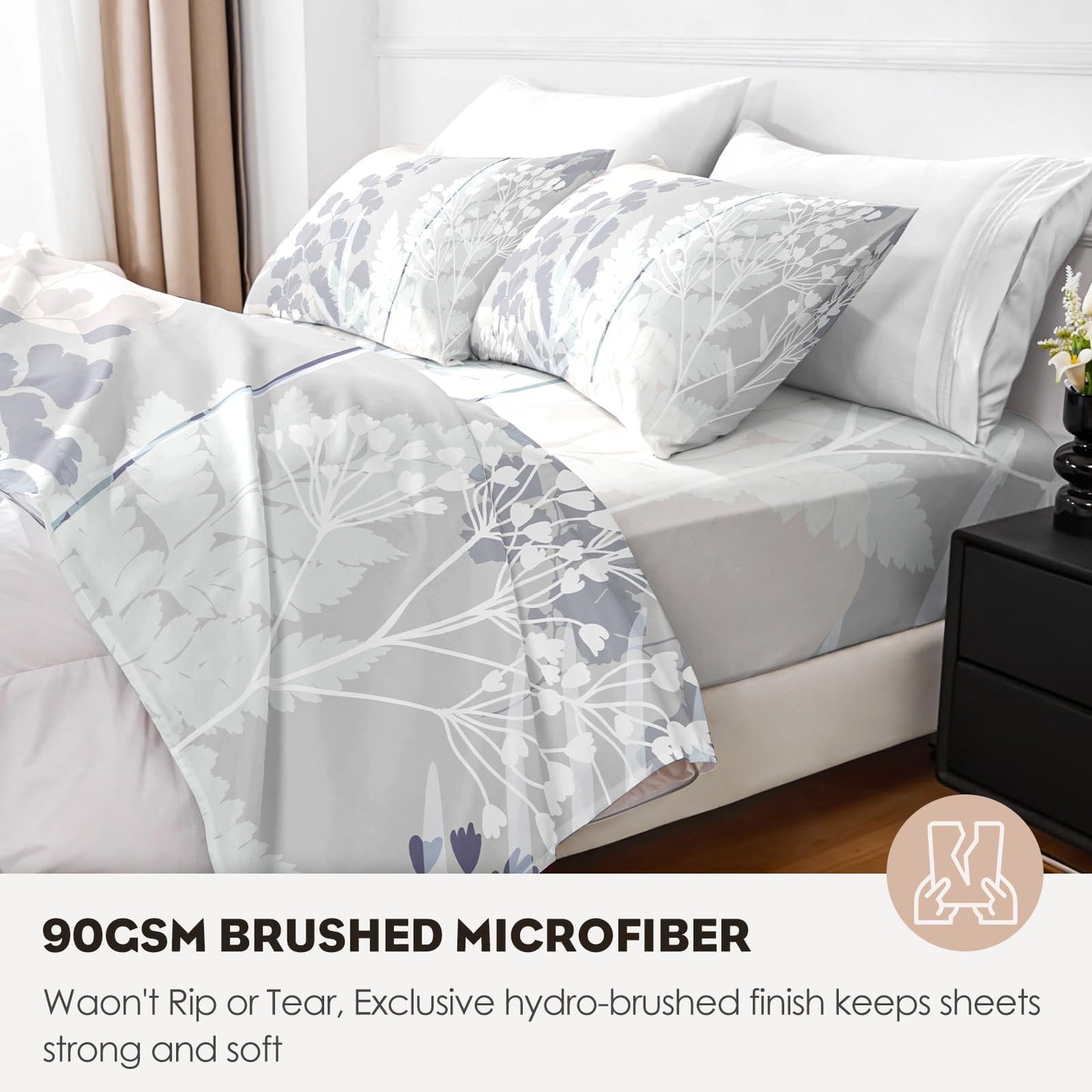 HCORA Floral Queen Sheet Set, Luxury 1800TC Hotel Quality Double Brushed Microfiber Deep Pocket Bed Sheets, Ultra Soft, Breathable and Cooling, 4PC, Queen Size