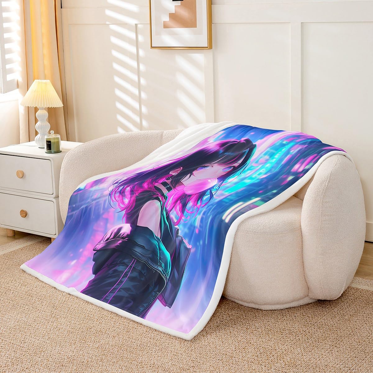 Erosebridal Anime Girl Throw Blanket Twin Size, Kawaii Japanese Anime Sherpa Blanket for Kids Boys Teens Adult Women, Cartoon Girl Fleece Japan Animation Bedroom Decor, Machine Washable