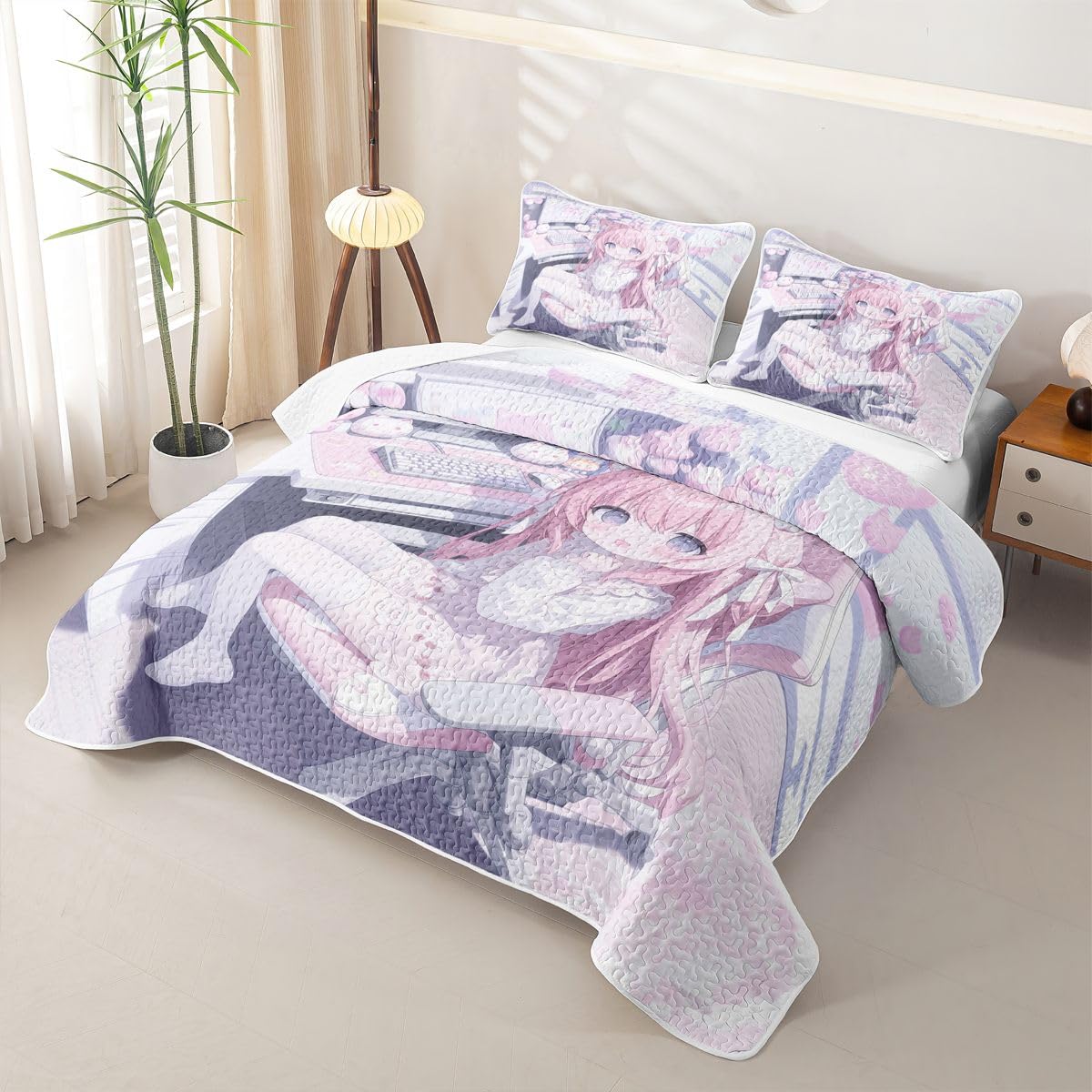 Erosebridal Kawaii E-Sports Girl Quilts Twin Size - 3D Japanese Girl Bedspread Coverlet Set, Girly Gaming Quilt Coverlets 2Pcs (Only 1 Pillowcase)
