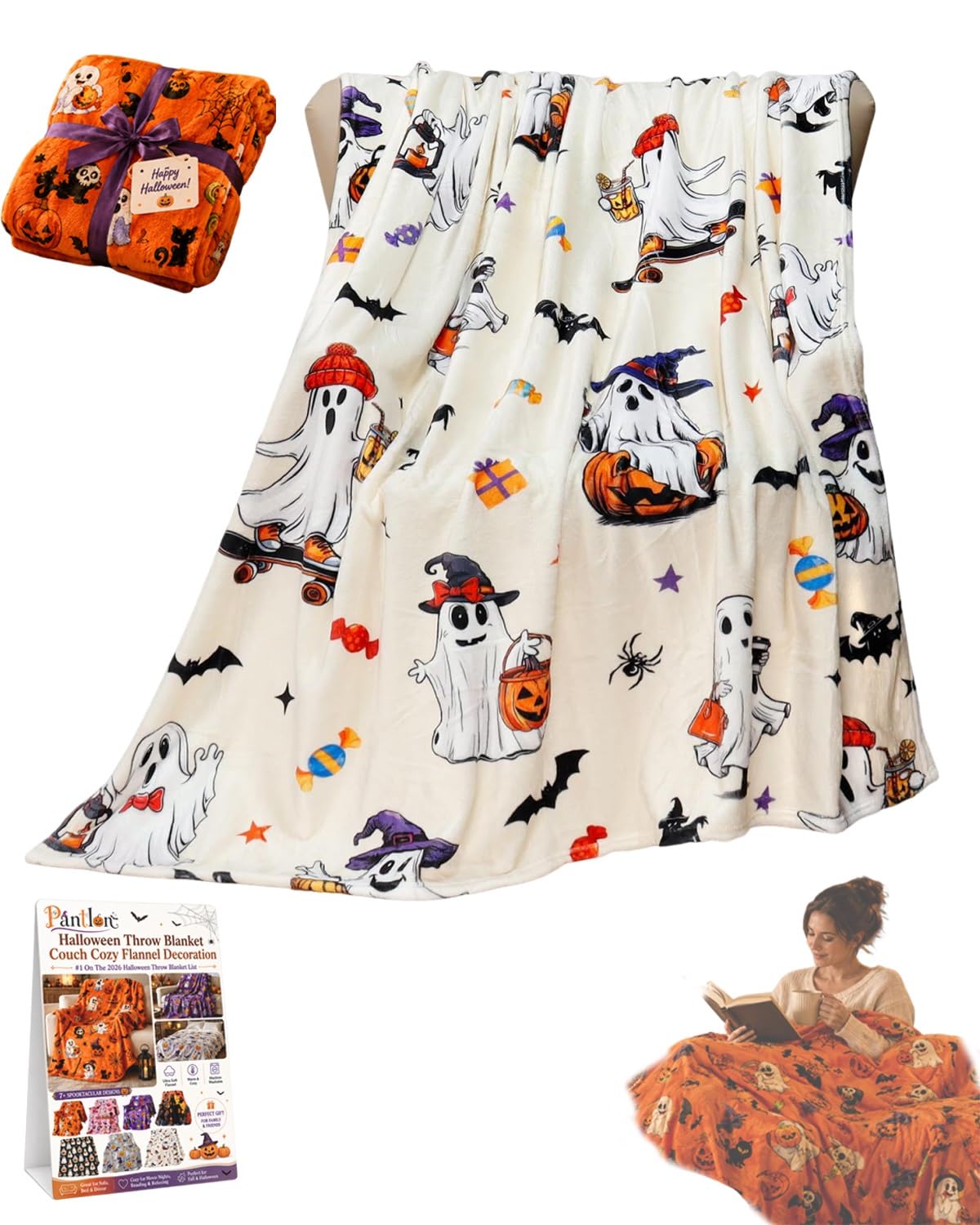 Halloween Throw Blanket Couch Cozy Flannel Decoration for Party Bed Soft Flannel Ghost Blanket Halloween Harvest Gifts Horror Ghost Bat Pumpkin(Model8,50x80in)