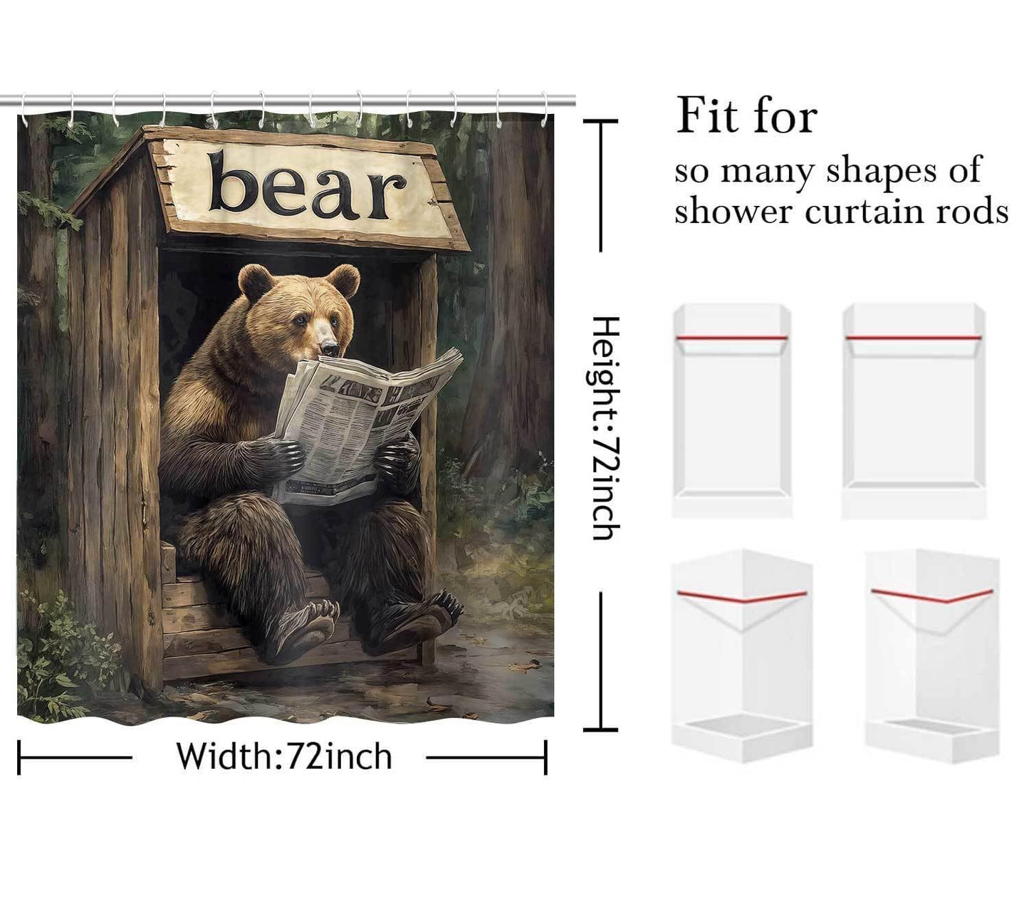 Dizifinn Rustic Bear Shower Curain, Country Cabin Woodland Bear Bathroom Accessories, Farmhouse Hunting Camp Fabric Shower Curtains for Bathroom Decor, with Hooks 72x72 Inch