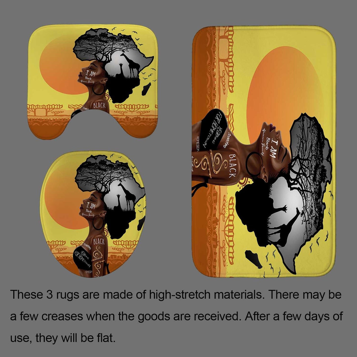 Jayden Madge 4PCS African American Woman Shower Curtain Set, Inspirational Quotes Sunset Safari Animals Tribal Afro Girl Proud Melanin Queen Black Women Bathroom Decor, Non-Slip Bath Mat Toilet Rug