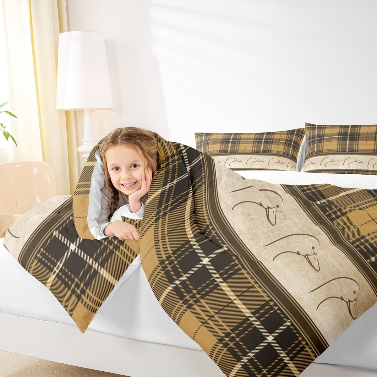 Ducks Silhouettes Kids Comforter Set Queen Size,Cartoon Animals Cute Bedding Set,Girls Boys Adults Bedroom Decor,Geometric Plaids Splicing Down Comforter,Brown Rustic Duvet Insert,2 Pillowcases