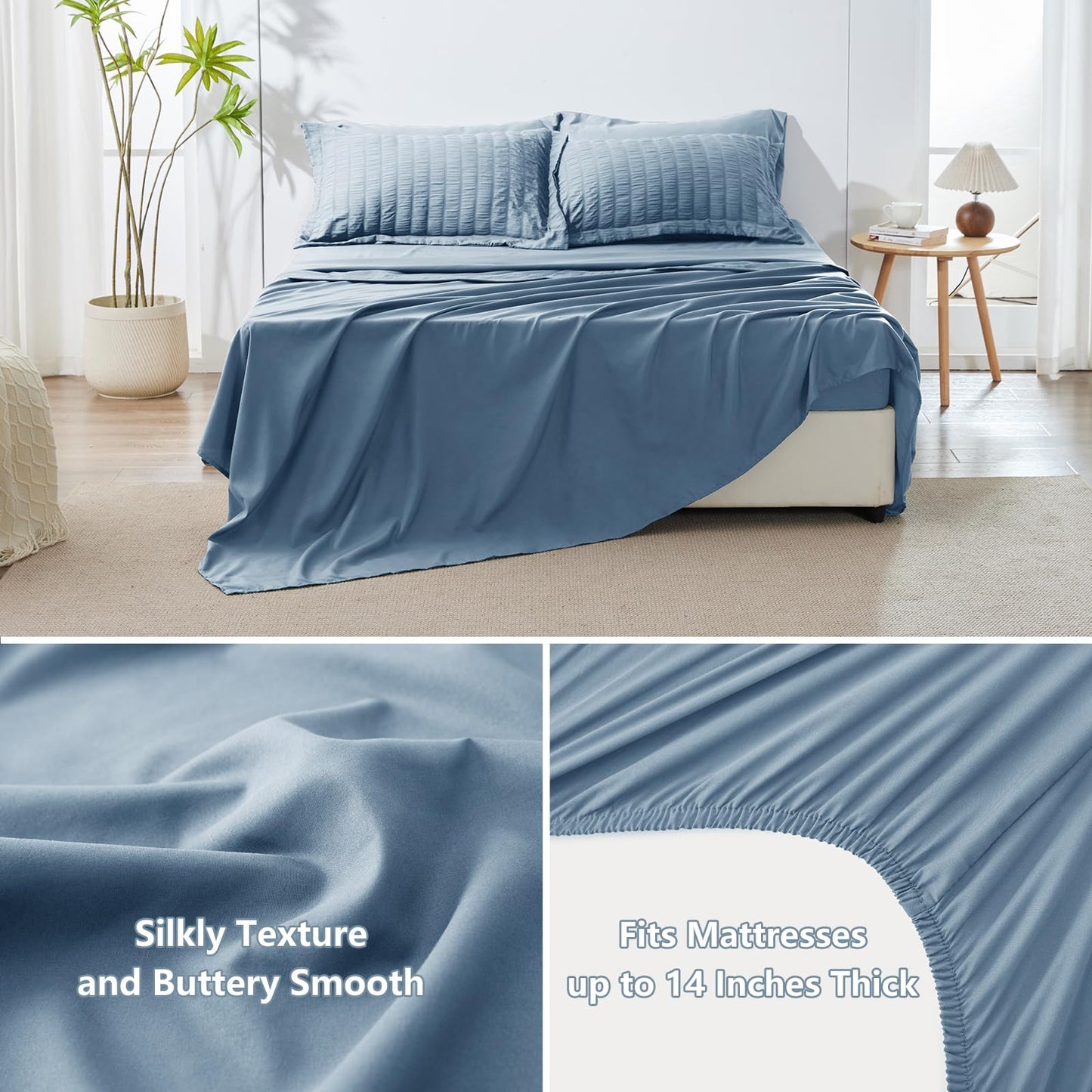 HIMEET Queen Comforter Set - 7 Pieces Seersucker Bed in a Bag, Boho Bedding Sets for Bedroom Decor, All Season Home Essential Bed Set with Comforter, Sheets, Pillowcases & Shams, Grayish Blue