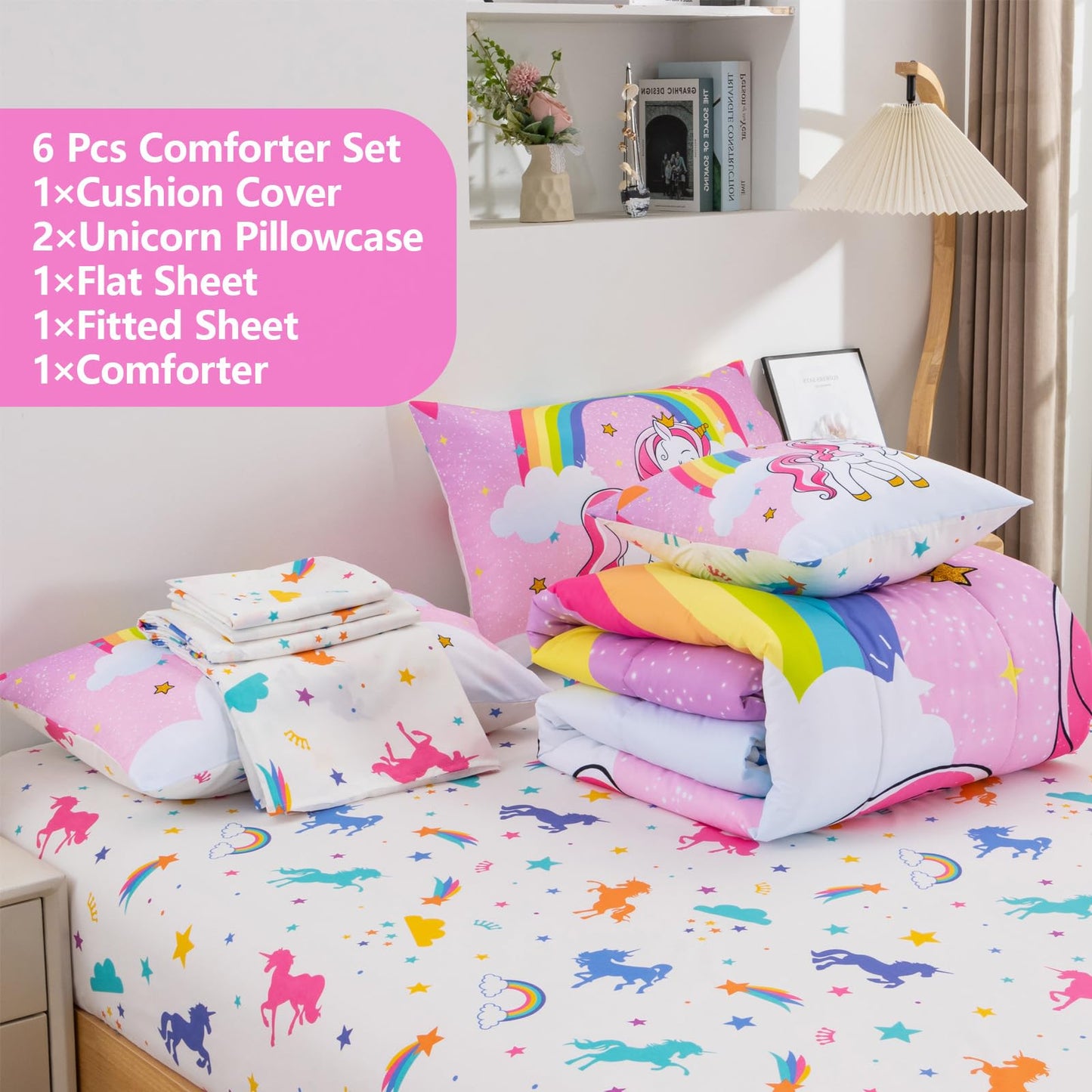 Keyroal Unicorn Twin Bedding Sets for Girls Kids Teens, 6 Piece Bed in a Bag Purple Rainbow Theme Unicorn Comforter Set Bedroom Decor with Printed Sheet Set