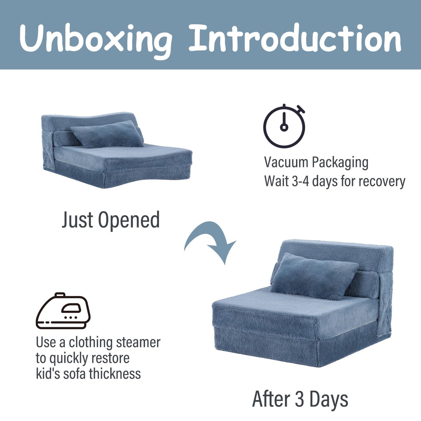 Tiita Convertible Folding Kids Sofa Bed with Pillow & Storage Bag, Plush Fabric Floor Mattress Couch Bed, Washable Cover, Kids Room, Playroom, Dorm, Apartment, Blue Grey