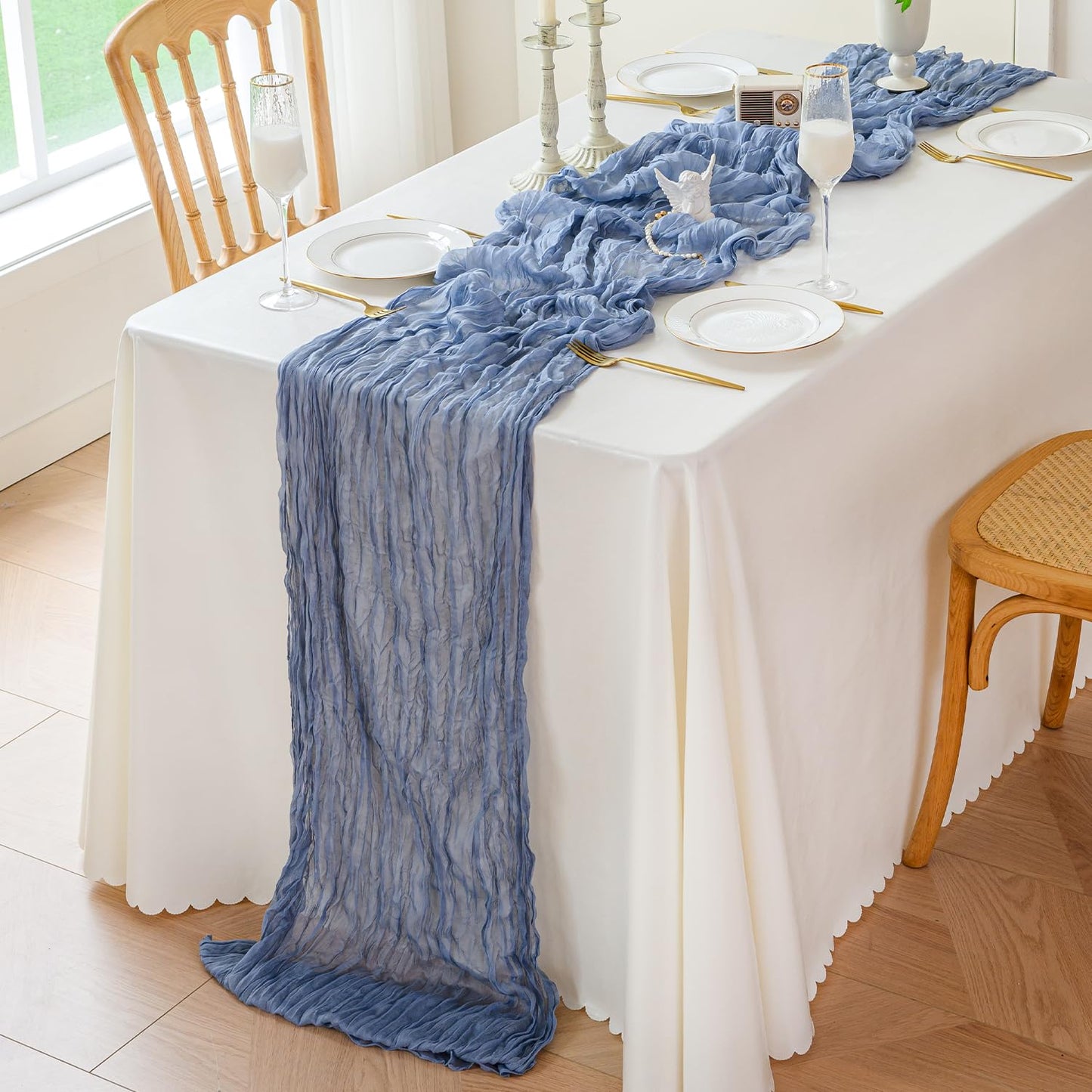 Sioloc Dusty Blue Cheesecloth Table Runner 120'' x 35'',Spring Easter Decor Soft Gauze Boho Wedding Table Decor for 10ft Table Birthday Party,Baby Shower, Bridal Shower, Home & Event Decor