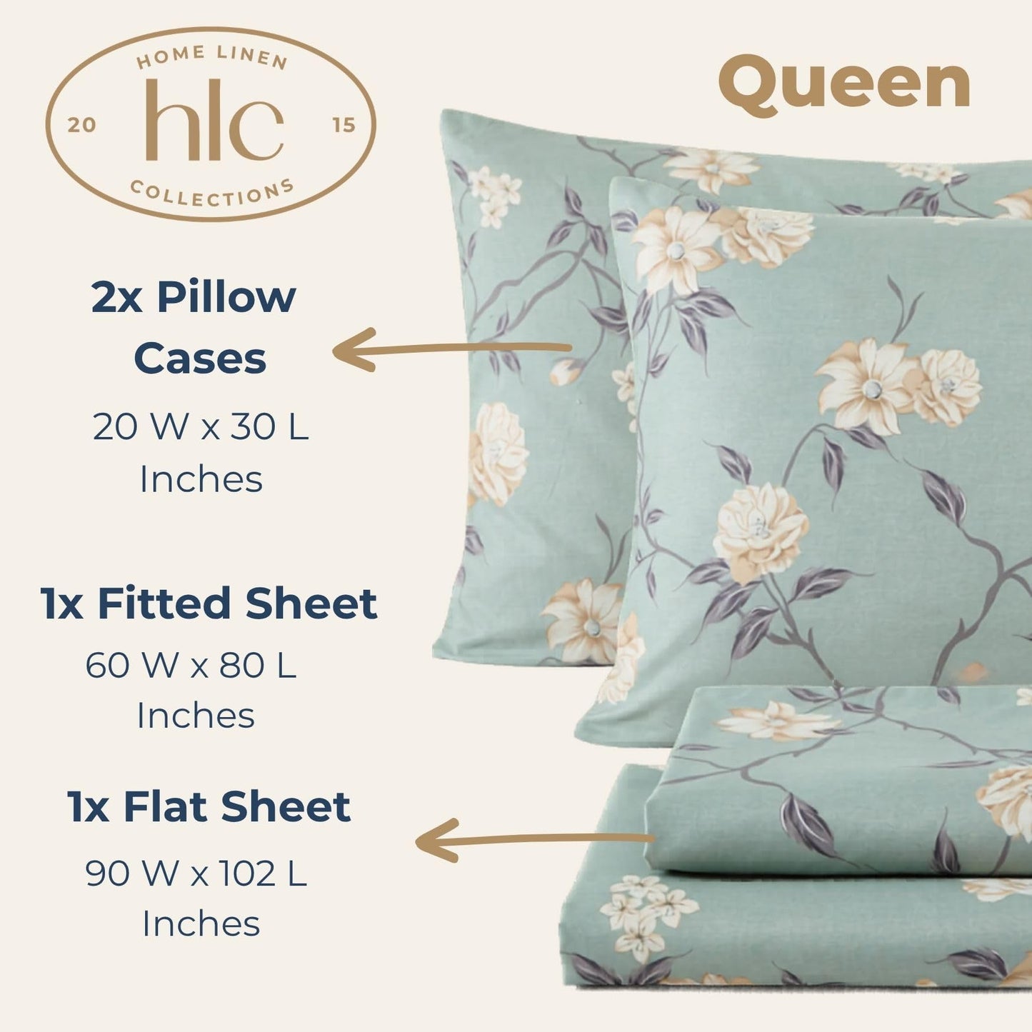 HLC.ME Vintage Green Floral Bed Sheets - 4 Piece Bed Sheet Set - Wrinkle Resistant & Ultra Soft - Fits Mattresses up to 15 Inches Deep (Queen)