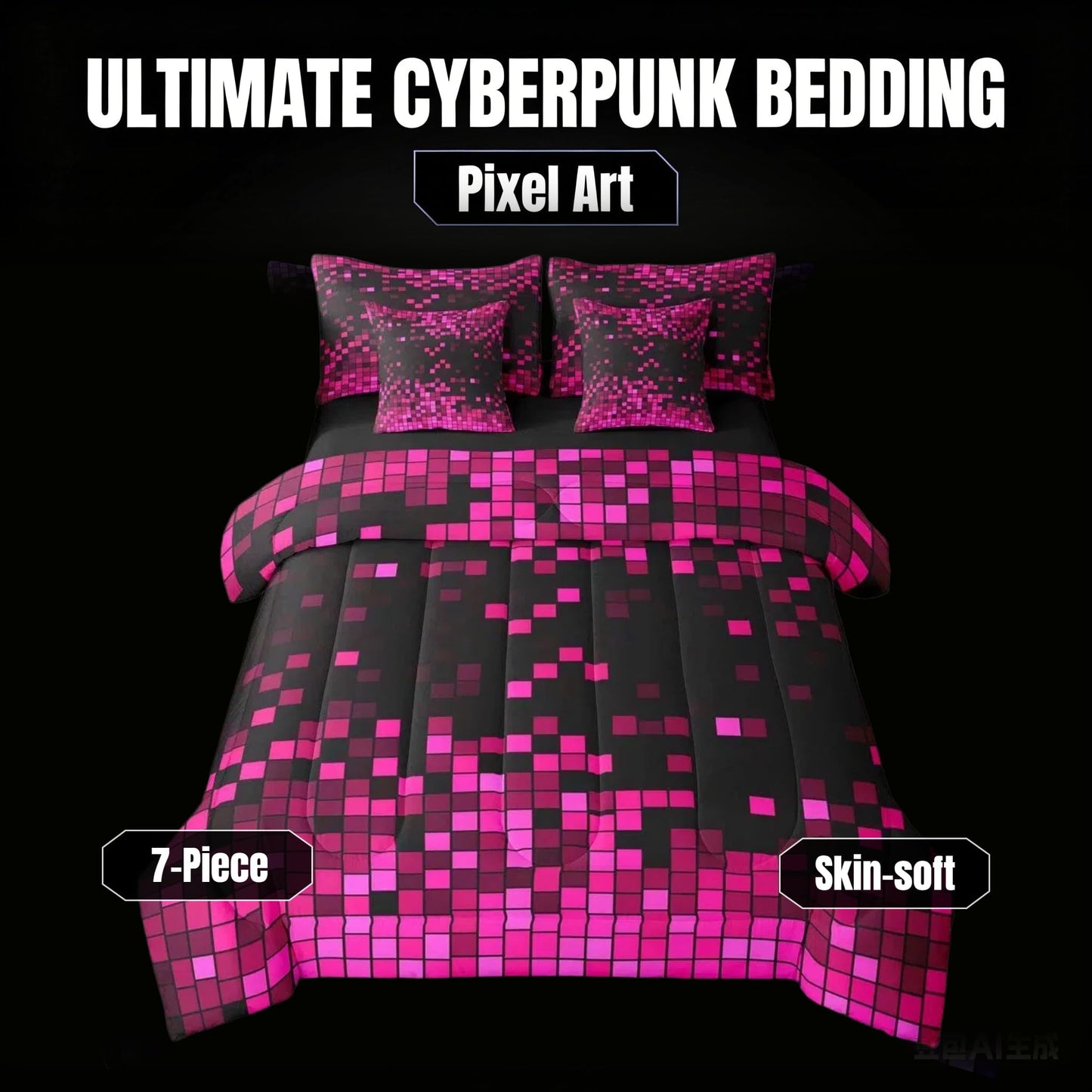 Feelyou Pink Black Gradient 8-bit Pixel Twin Comforter Set with Sheets for Kids Boys Girls Nostalgic Gamer 7 Pieces Bedding Set Retro Pixel Bed in a Bag Gaming Room Decor Room Decor Microfiber