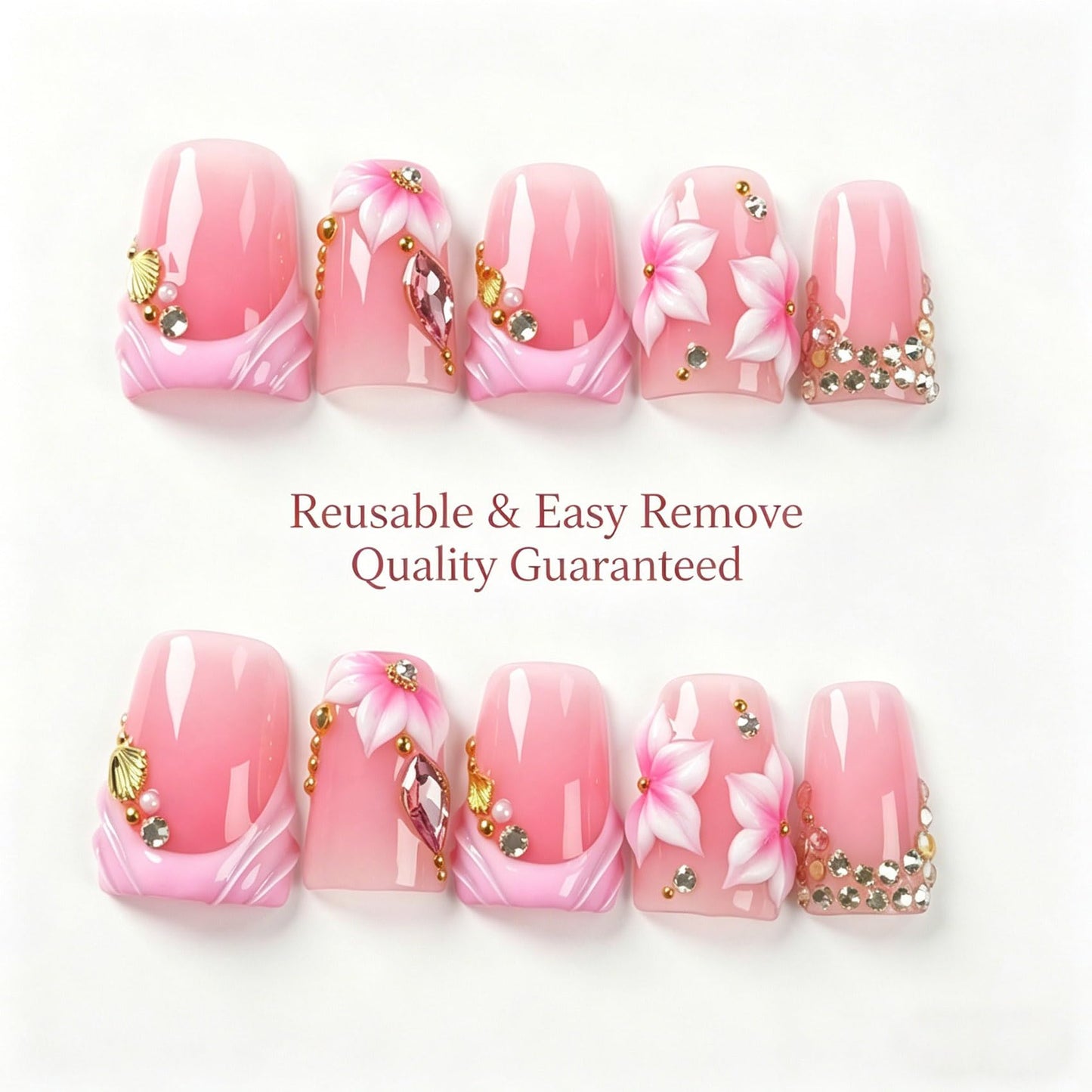 Handmade Press on Nails 3D Cute Glue on Nails for Women, Luxury Duck Nail Art Design, Fake Nails with 3D Nail Charms Size M 2