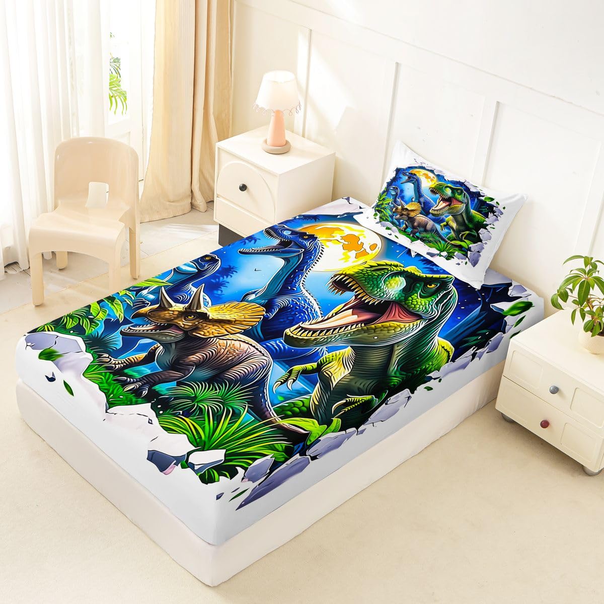 Feelyou Dinosaur Bed Sheets Set Twin Size 3D Digital Print Deep Pocket Fitted Sheet Jungle Dino Bedding Sets Wild Animal Soft Bed Set 3Pcs with 1 Pillow Cases White Green Blue