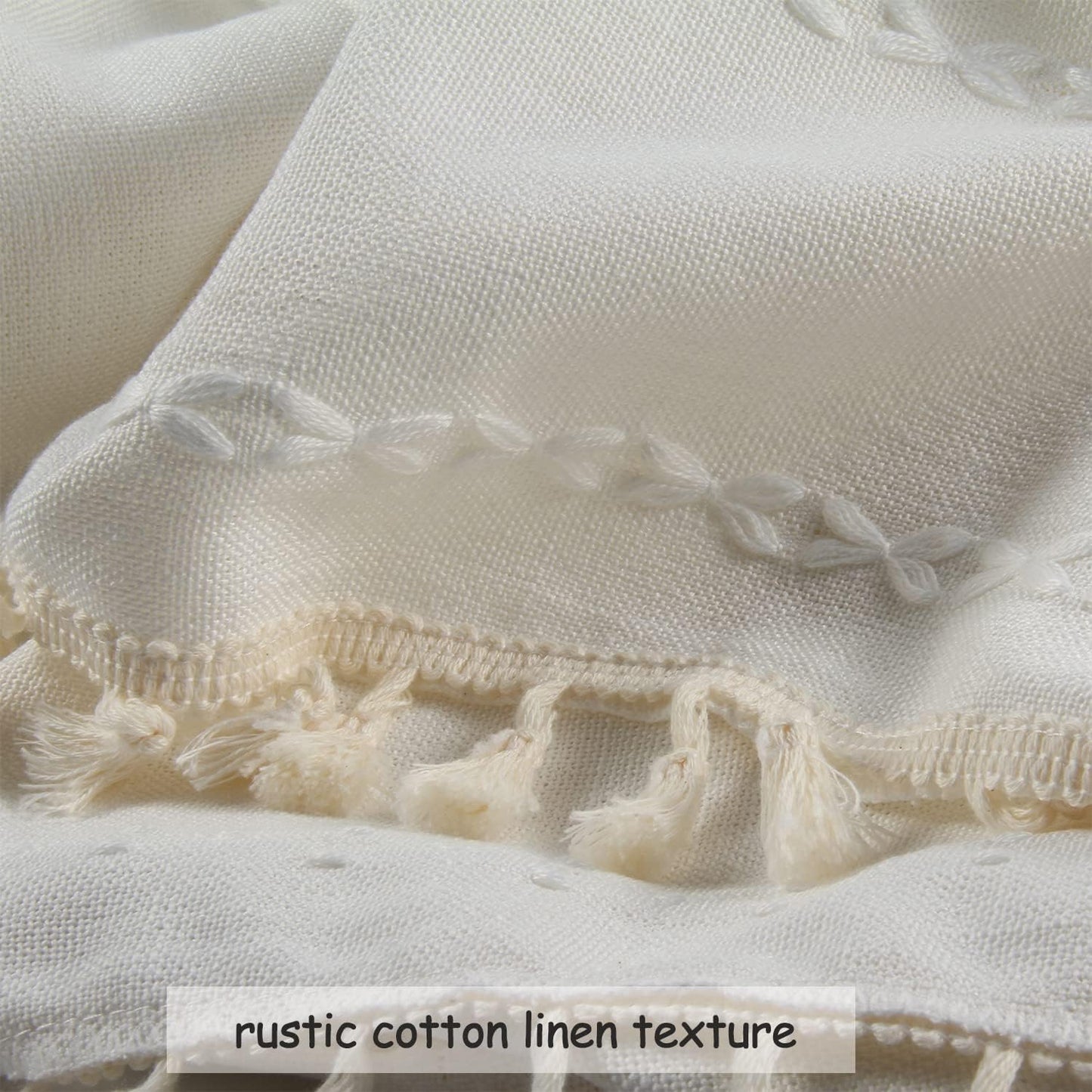 BCLBUSTE Boho Curtains Semi-Blackout 84 Inch 2 Panels for Living Room, Linen Tassels Farmhouse Curtains with Embroidery for Bedroom Rod Pocket Draperies 52" W x 84" L, Off White