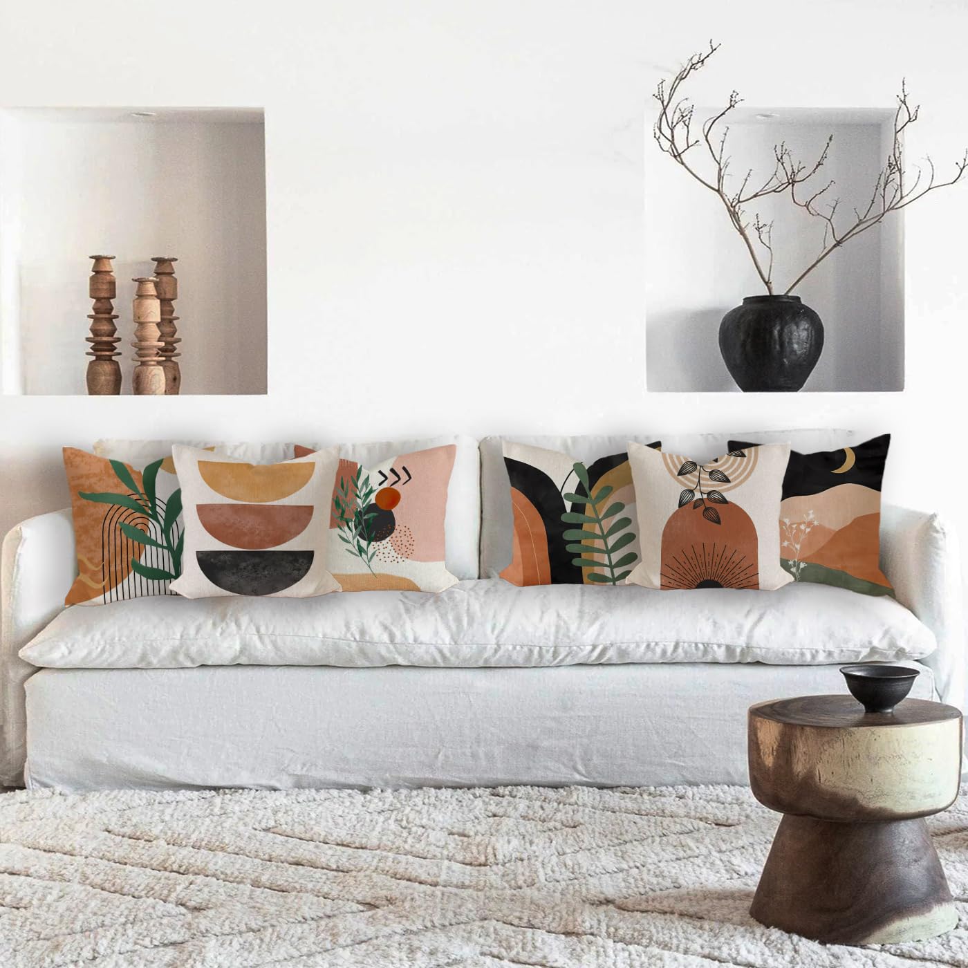 Ceexolliss Boho Mid Century Modern Throw Pillow Covers Set of 6, Sun Moon Leaves Arch Abstract Home Decor Bohemian Decorative Cushion Covers 18"X18"