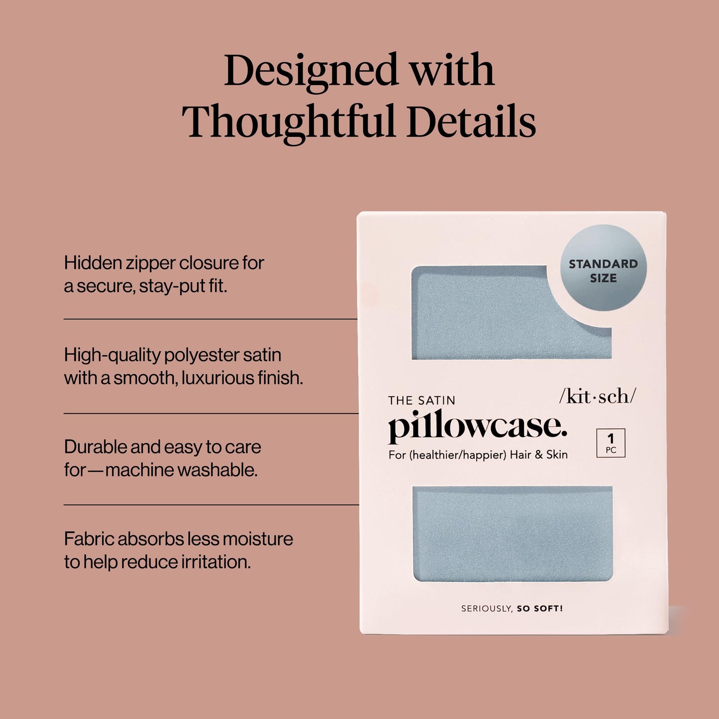 Kitsch Satin Pillowcase with Zipper for Hair & Skin - Softer Than Silk Pillow Cases, Smooth Cooling Satin Pillow Case, Wrinkle-Free, Machine Washable - Pillow Cases Standard Size (19x26) - Haze Blue