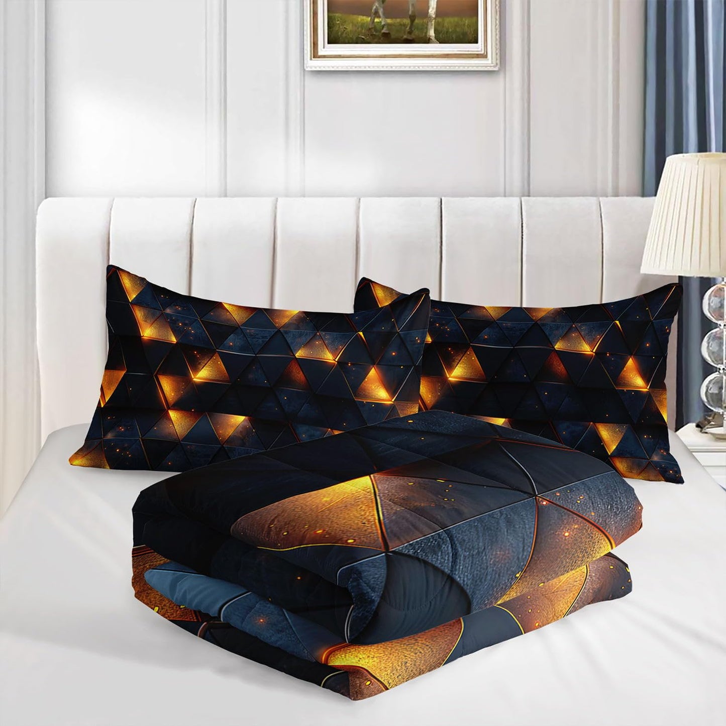 Smell Sunshine 3D Geometric Comforter Set Yellow Neon Light Printed Bedding Set with 1 Comforter and 2 Pillowcases for Boys and Girls Bedroom All Season(Geometric Twin)