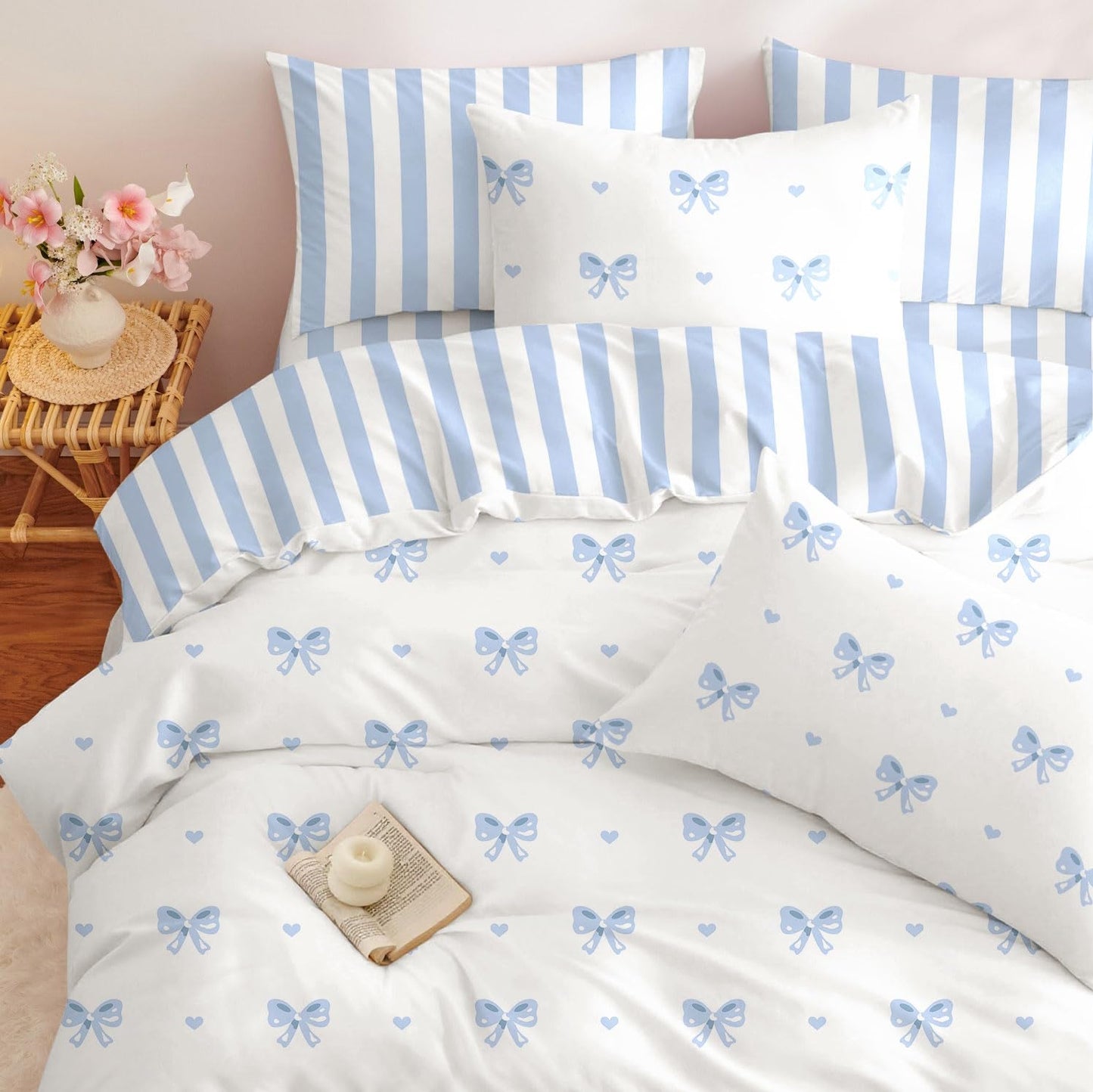 Sedefen Bow Duvet Cover Queen Size Blue Striped On White Bedding Set 3 Pieces Cute Heart Printed Stripe Reversible Princess Style Soft Breathable Microfiber Duvet Cover Set with Zipper Closure