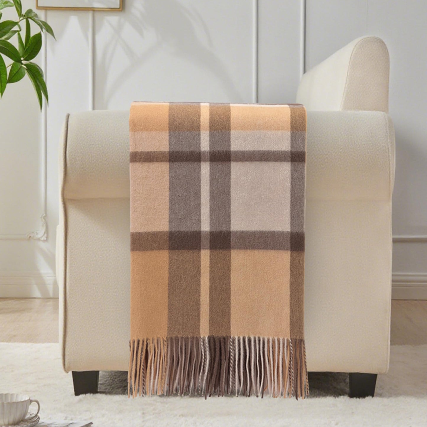 Pure Wool Blanket - 85" x 55" - Soft Cozy, Wool Knee Blanket with Fringe for Couch Sofa Bed, Lightweight Breathable Throw for Home Travel, Camel Chedkered