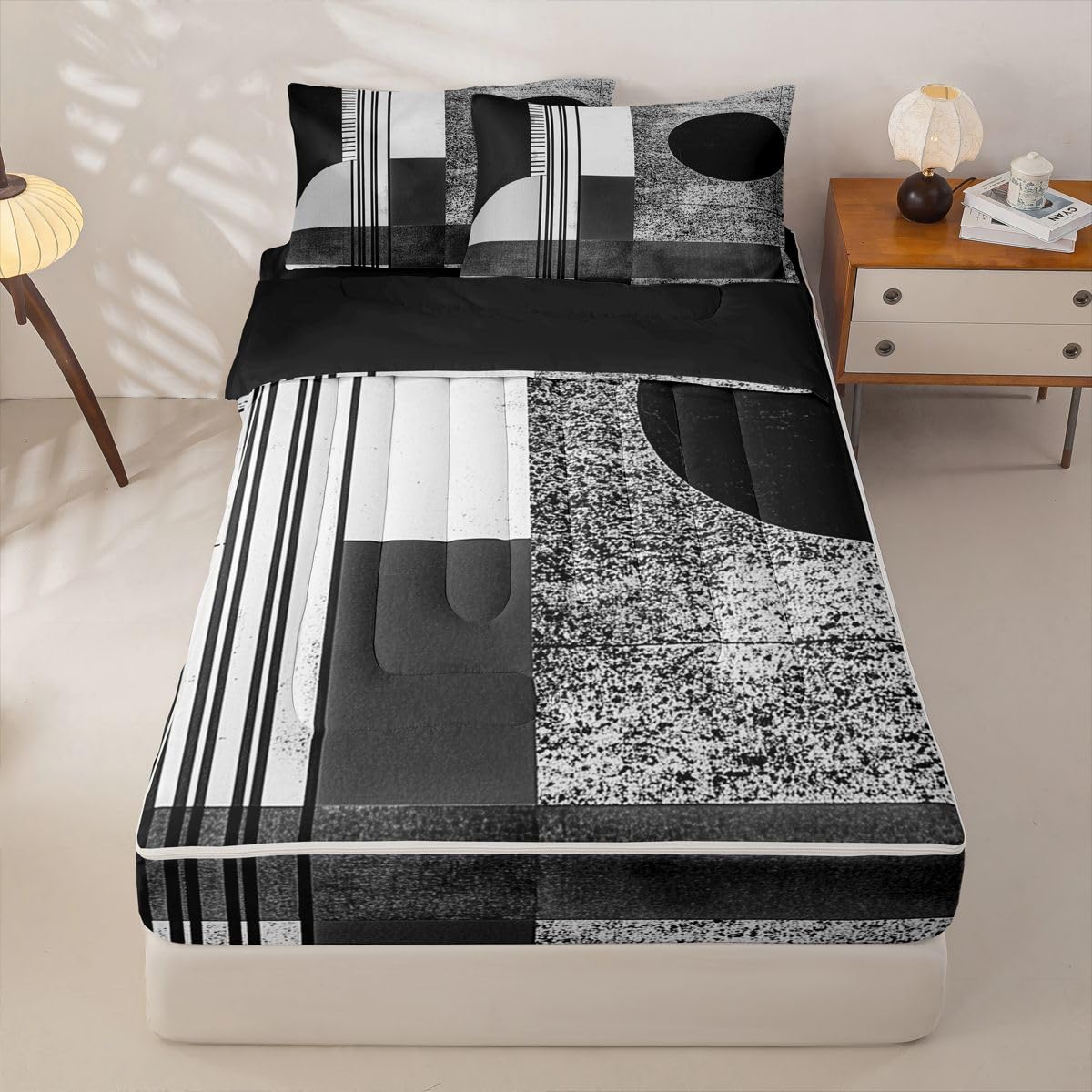 jejeloiu Modern Art Print Full Zipper Bedding Set Retro Kids Comforter Set with Fitted Sheet and 2 Pillowcases Abstract Geometric Bed in a Bag Zip Up Bedding Soft Microfiber