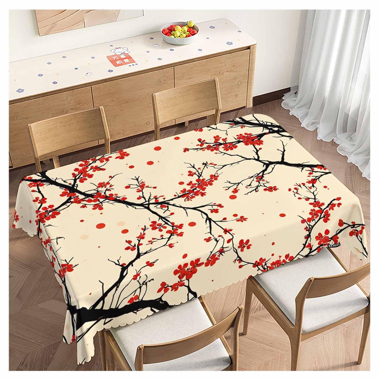 Beabes Cherry Kitchen Tablecloth Japanese Cherry Branch Red Indoor Outdoor Table Cover Anti-Oil Table Cloths for Wedding Banquet Dinner Tablecloths, 52x70 Inch(4-6 Seats)