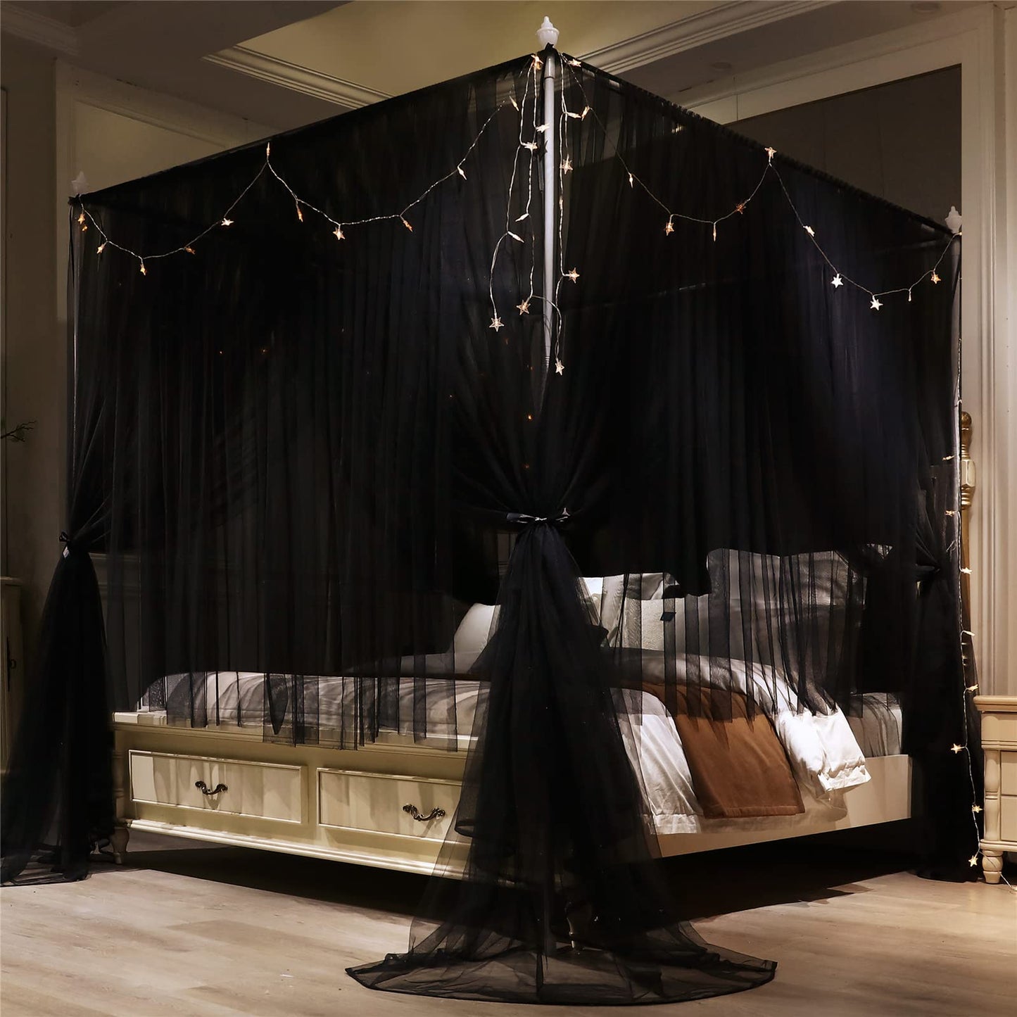 VETHIN 4 Corners Post Princess Bed Canopy Curtain Double Layer Cozy Drape Netting 4 Opening Mosquito Net for Girls & Adults Bedroom Decoration Accessories (Double Black, 78" W*86" L*82"*H/(King))