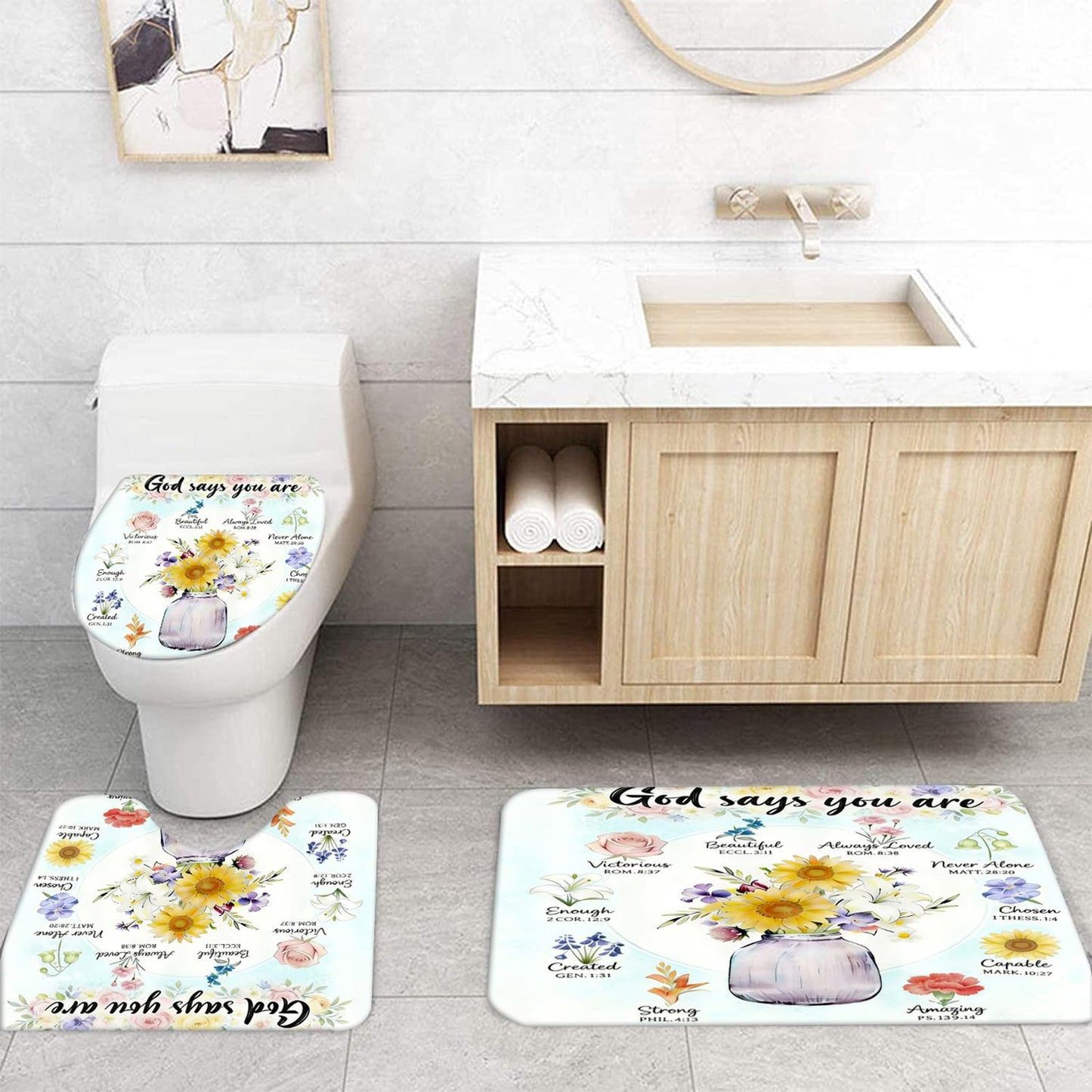 NEWSUYAA 4 Pcs Sunflower Floral Shower Curtains, God Says You are Christian Bathroom Set with Non-Slip Rugs, Inspirational Bible Verse Bath Decor Gift, Waterproof Flowers Curtains with Hooks (Teal)
