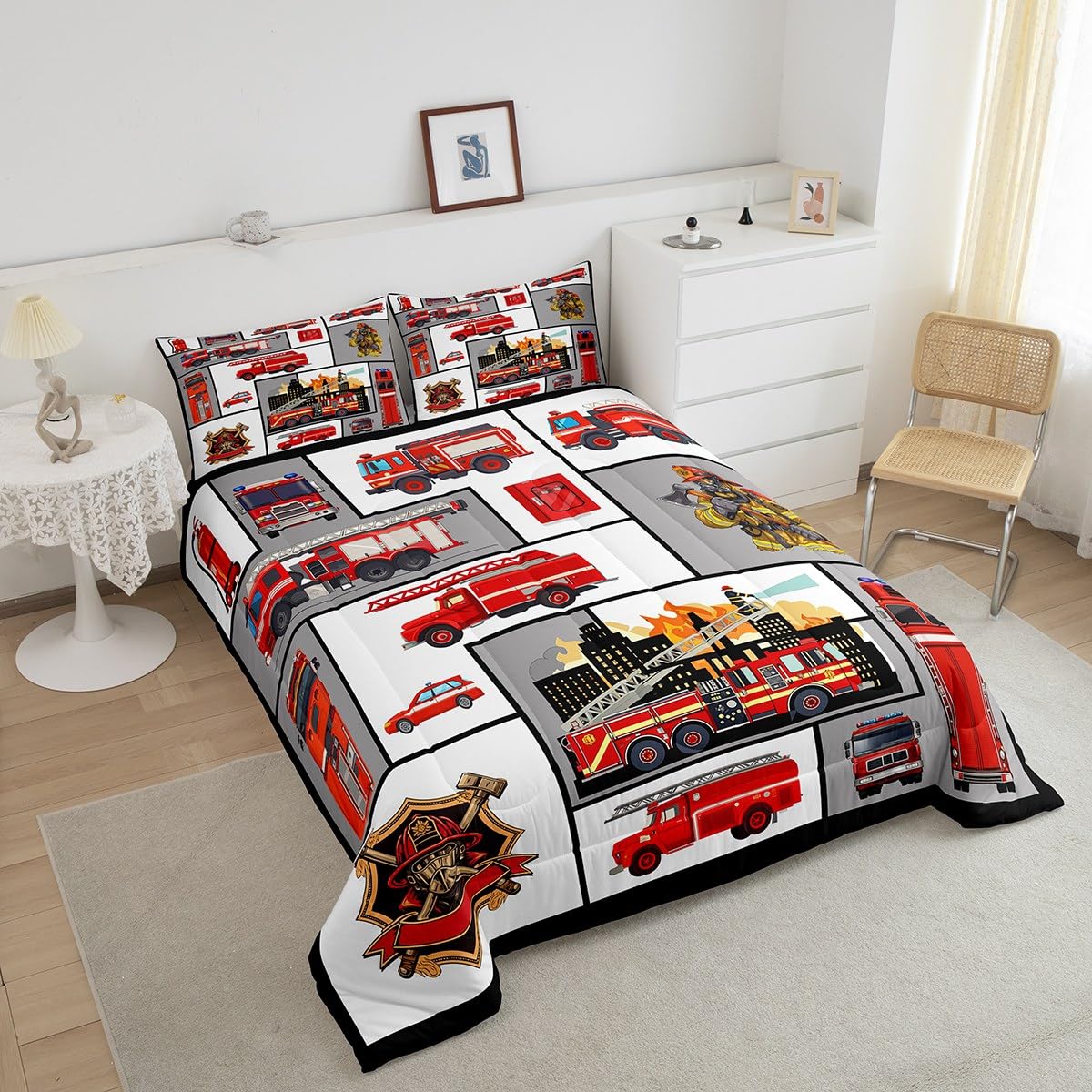 Homewish Boys Fire Truck Twin Size Comforter Set,Kids Firemen Decor All Season Bedding Set,Teens Fire Fighting Truck Comforter,Children Car Vehicle Print Decor Quilt Set Bedroom Collection 2Pcs