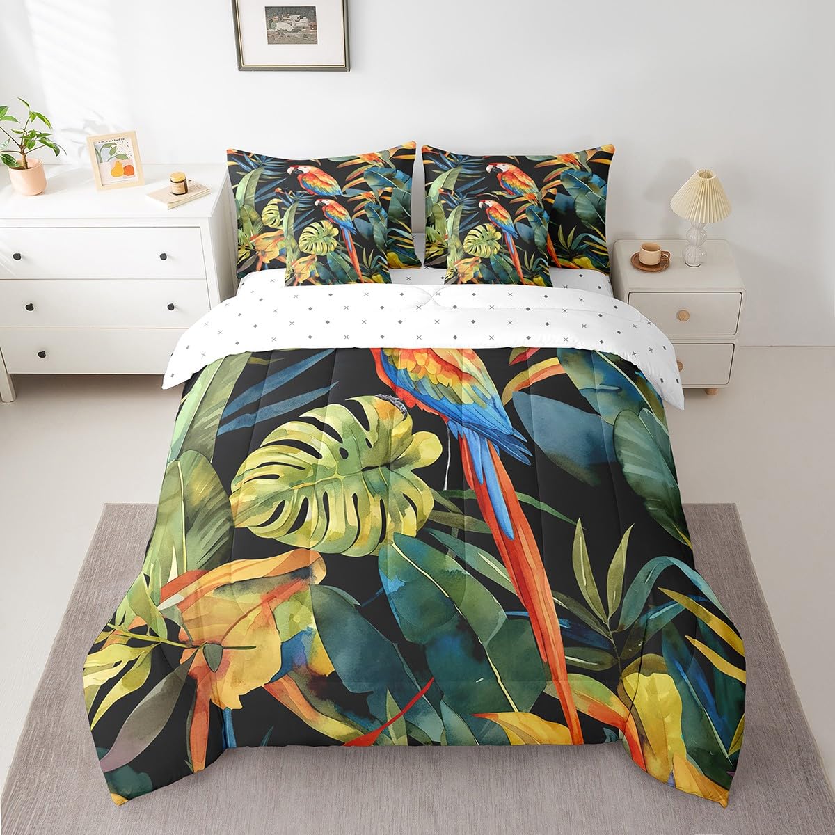 jejeloiu Parrot Comforter Set 7 Pieces Full Size Kids Tropical Leaves Bed in a Bag for Boys Girls Botanical Bedding Set Nature Summer,Comforter + Sheets + Pillowcases + Cushion Covers