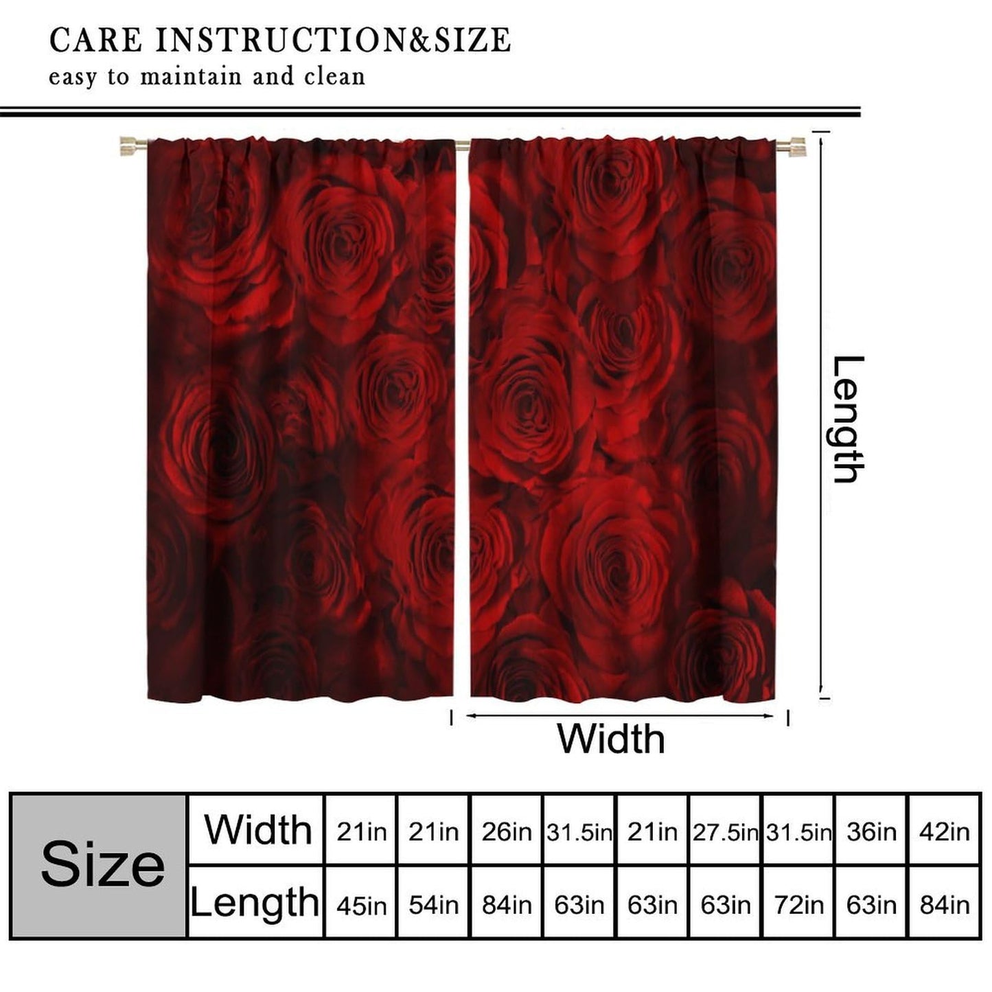 GoDazzling Romantic Flowers Rose Curtains, Floral Valentines Red Rose Blooming Rod Pocket Window Drapes, for Bedroom Living Room 41" W X 45" L (No Blackout)