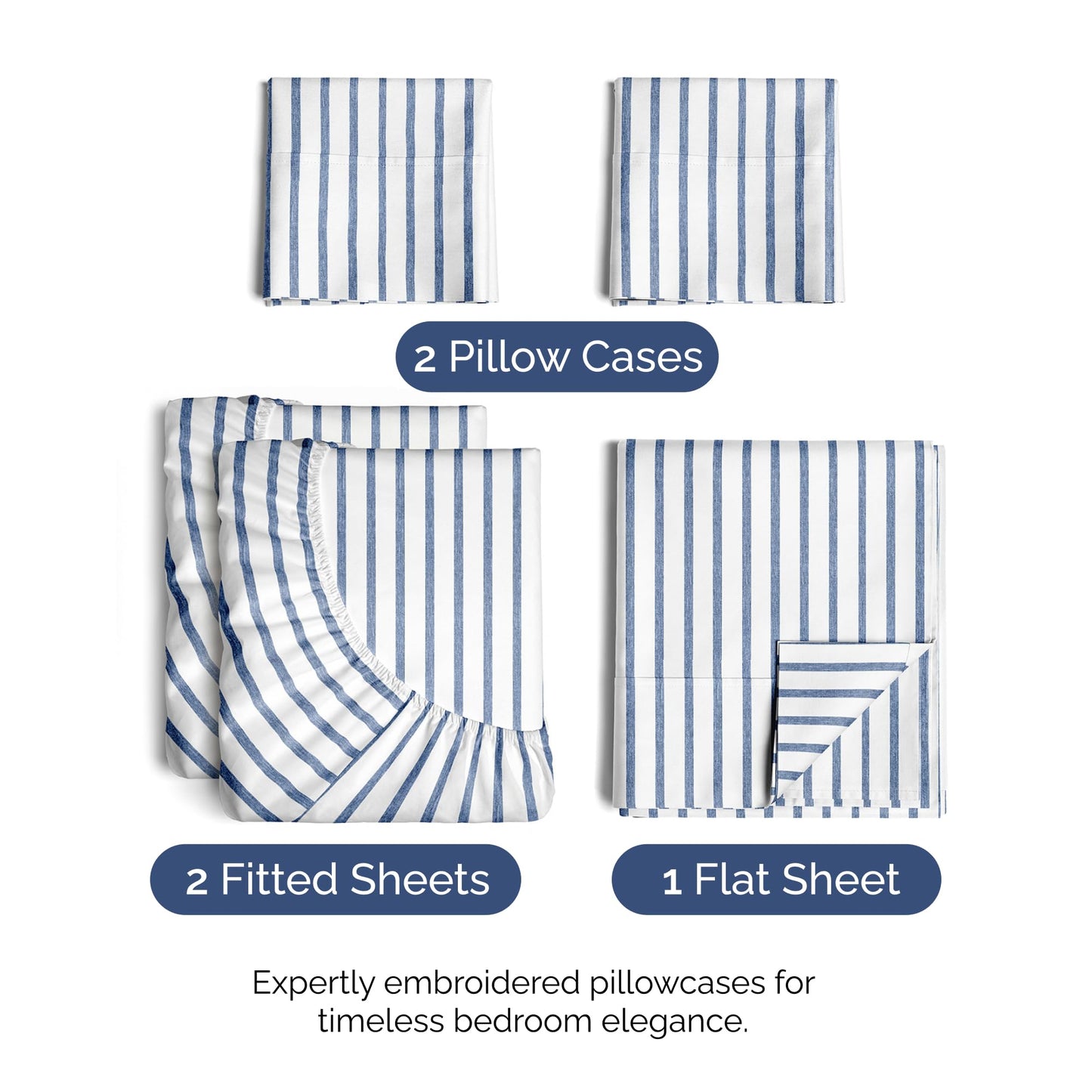 Split King Size 5 Piece Sheet Set - Comfy Breathable & Cooling Sheets - Hotel Luxury Bed Sheets for Women & Men - Deep Pockets, Easy-Fit, Soft & Wrinkle Free Sheets - Blue Stripes Oeko-Tex Bed Sheets