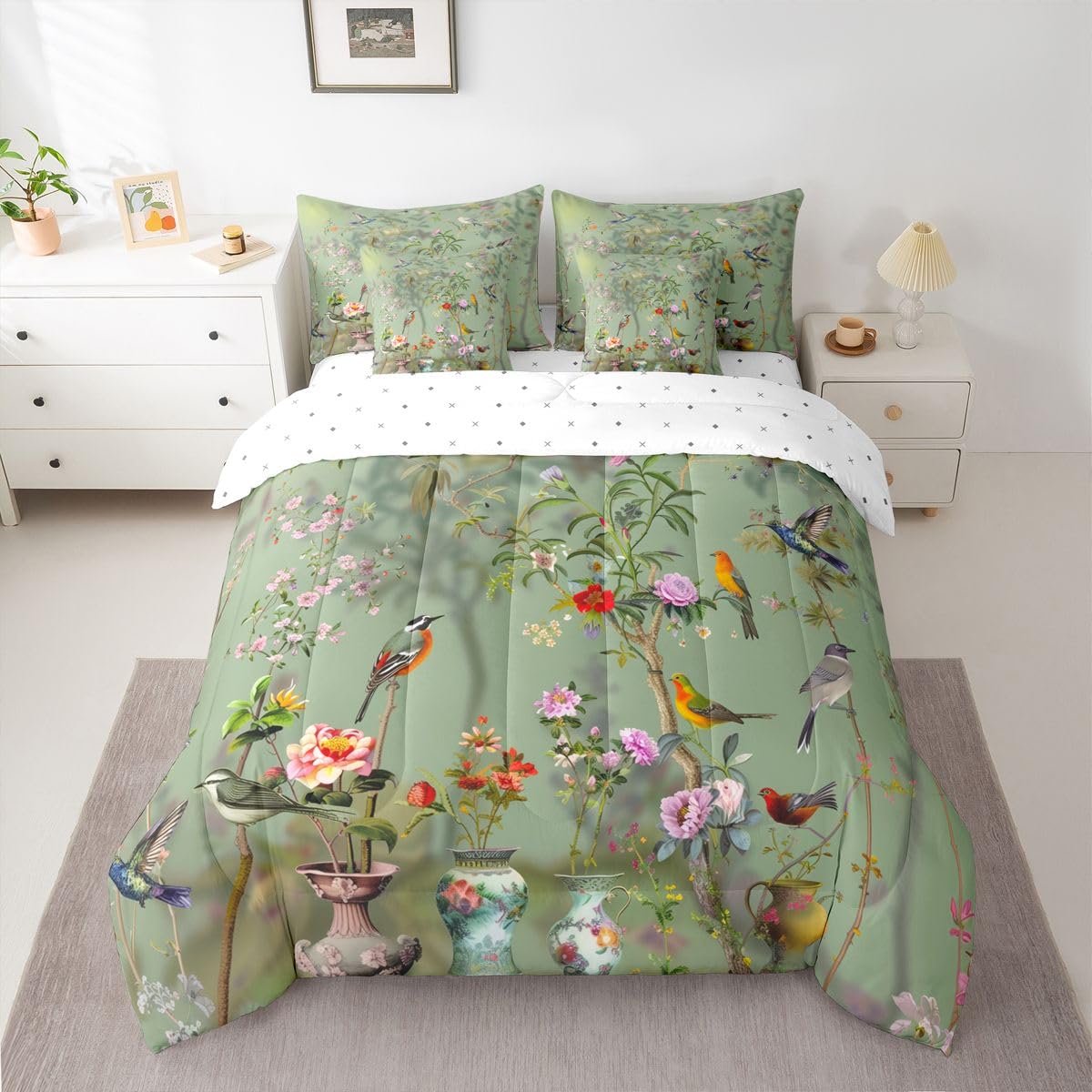 Erosebridal Floral 7 Pcs Bedding Set Queen Retro Chic Leaves Comforter Set with Sheets Vase Porcelain Bed in A Bag Botanical Flowers Bedroom Decor