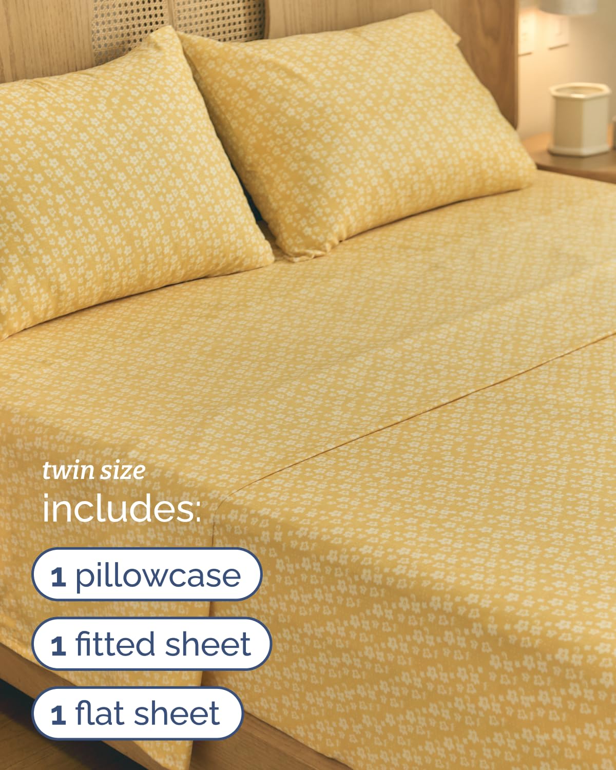 Floral Sheets - Yellow Floral Bed Sheet Set - 1 Flat, 1 Fitted & 1 Pillowcase w/ Deep Pockets - Comfy, Wrinkle & Fade Free - Boho Botanical Bedding - Ultra-Soft, Breathable & Cooling - Twin Size Set