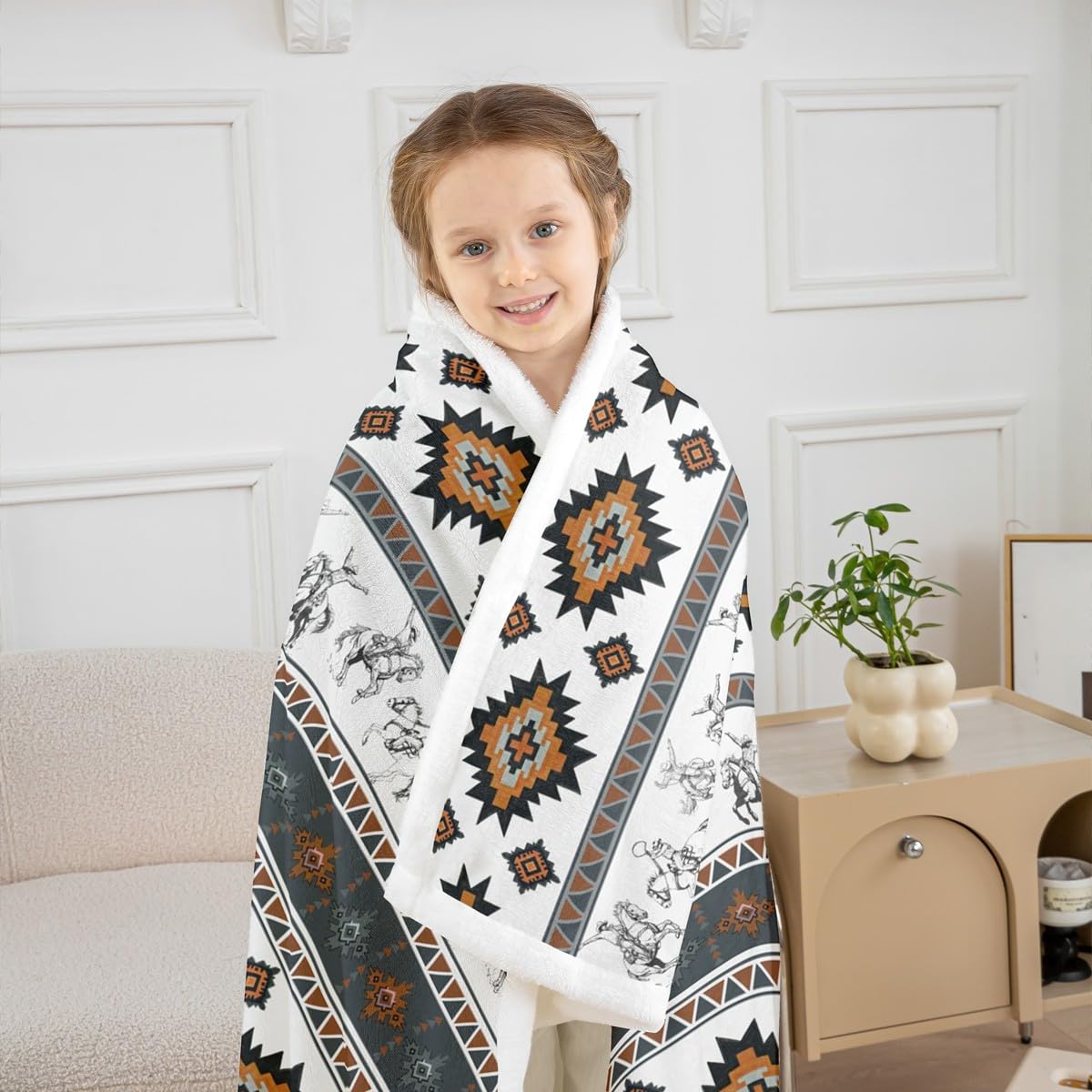 Feelyou Western Cowboy Sherpa Blanket Southwestern Aztec Fleece Throw Blanket Boys Girls Horse Riding Design for Bed Couch Chair Living Room Ranch Farmhouse Bedroom Decor Blue Brown 40"x50"