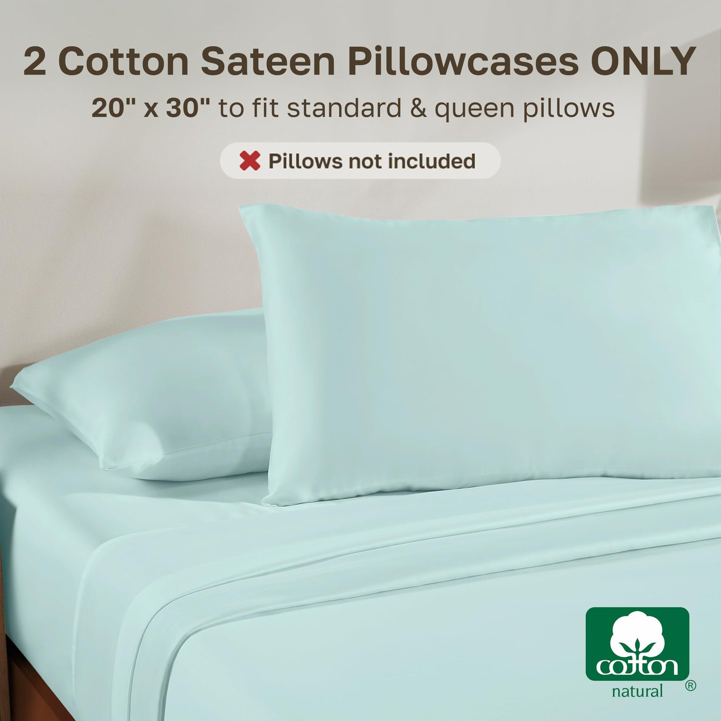 California Design Den 100% Cotton Pillow Cases Standard Size Set of 2, Soft Sateen Weave Pillowcase Set (Standard/Queen, Seafoam)