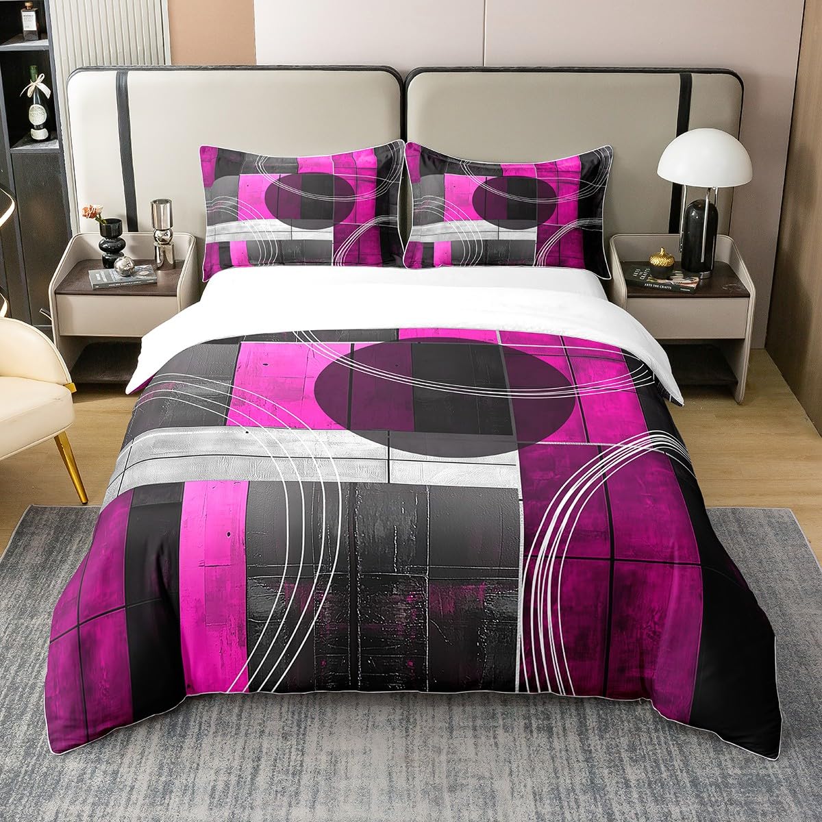 jejeloiu Purple Black Duvet Cover 100% Cotton King Size Kids Abstract Geometric Comforter Cover for Boys Girls Teens Modern Art Bedding Set Breathable Soft Room Decor