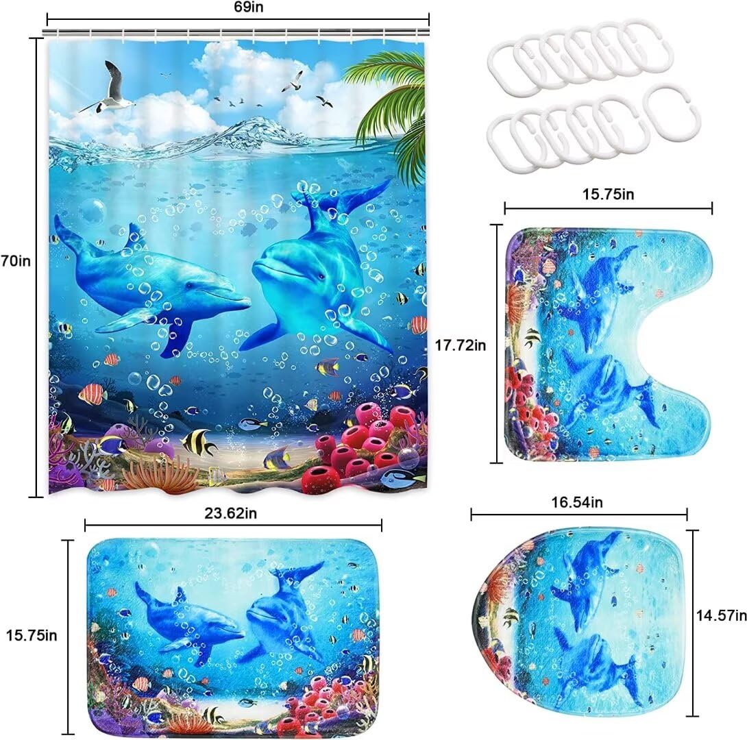 Yddsky 4Pcs Blue Ocean Dolphin Shower Curtain Sets with Rugs, Toilet Lid Cover and Bath Mat, Bathroom Shower Curtains Bathroom Decor Set