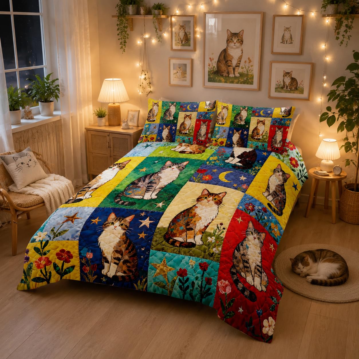 Nttopship Cartoon Cat Comforter Set Full Size 3PCS,Cat Puzzle Bedding Set for Teen Adult,Floral Cat Animal Themed Room Decor Ultra-Soft Lightweight Microfiber with 2 Pillowcases